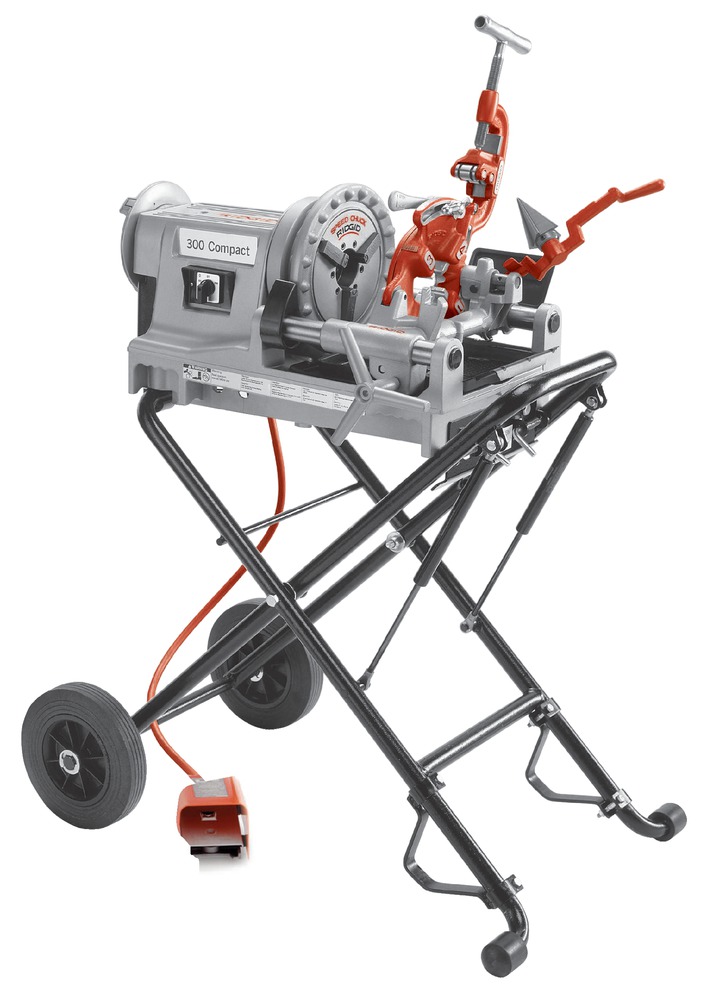 300 Compact Power Threading Machine Kit with 250 Folding Wheel Stand - Lightweight & Versatile
