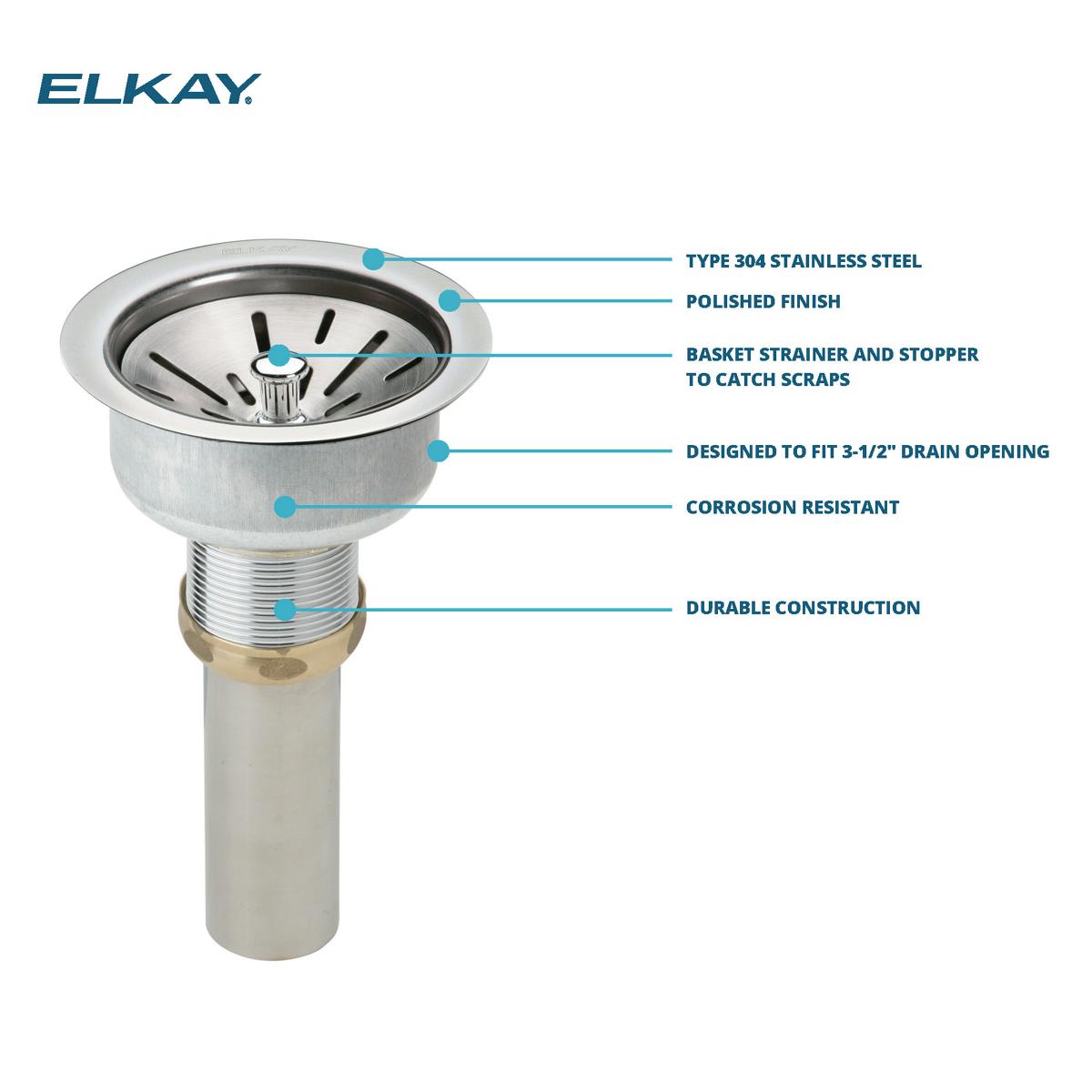 Elkay 3-1/2" Drain Fitting, Type 304 Stainless Steel Strainer Basket with Tailpiece