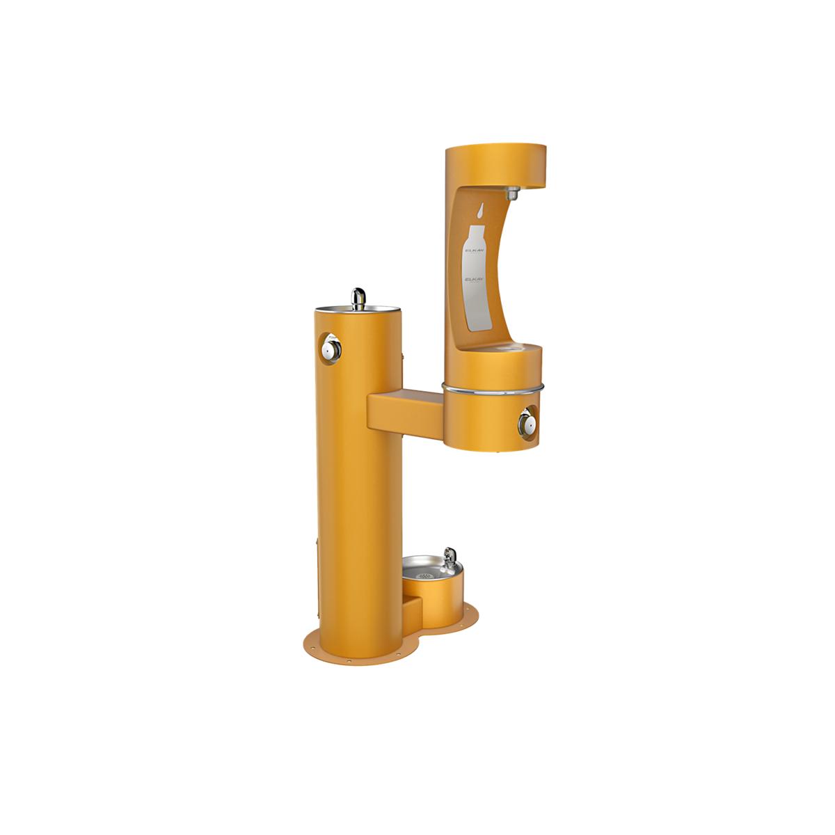 Elkay Outdoor ezH2O Lower Bottle Filling Station, Bi-Level Pedestal with Pet Station, Non-Filter, Non-Refrigerated, Freeze Resistant, Yellow