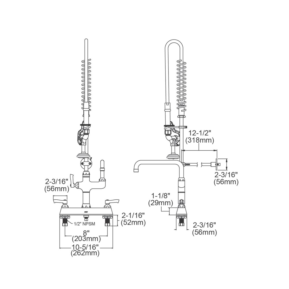 Elkay Exposed Deck Mount Faucet, 8in Centerset, 44in Flexible Hose, 1.2 GPM Spray Head, 10in Arc Spout, 2in Lever Handles