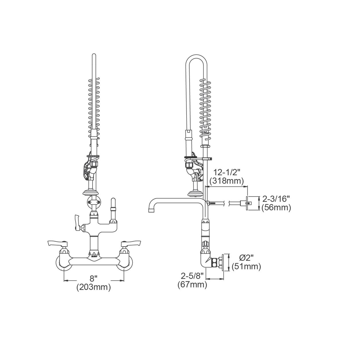 Elkay 8" Centerset Wall Mount Faucet with 44" Flexible Hose, 1.6 GPM Spray Head, 8" Arc Spout, and 2" Lever Handles - Chrome