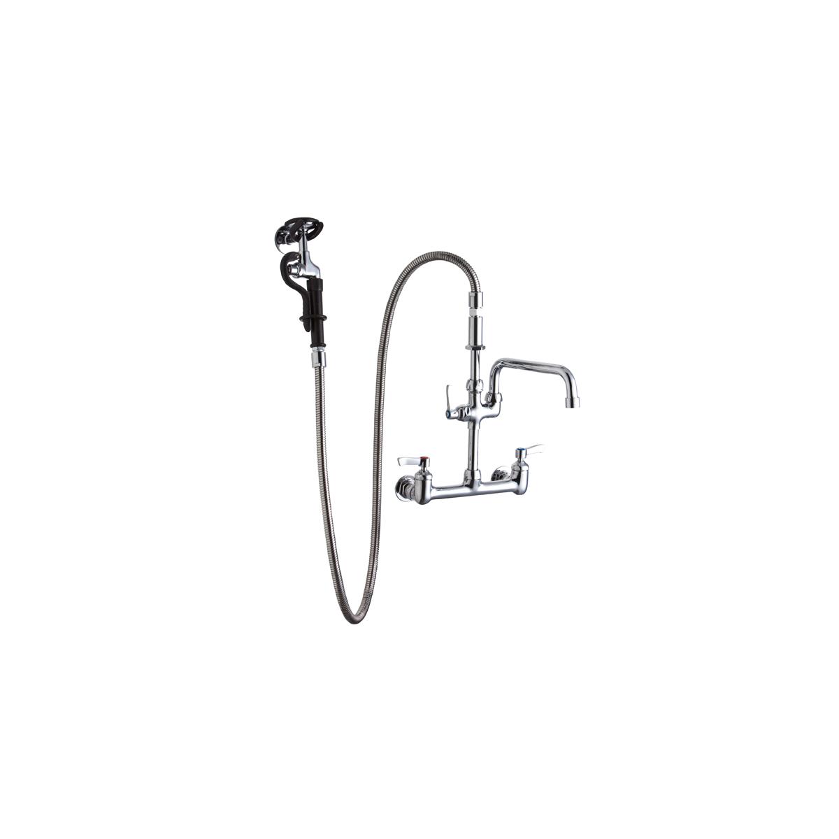 Elkay 8" Centerset Wall Mount Faucet with 60in Flexible Hose and 1.6 GPM Spray Head, 12in Arc Tube Spout, 2in Lever Handles