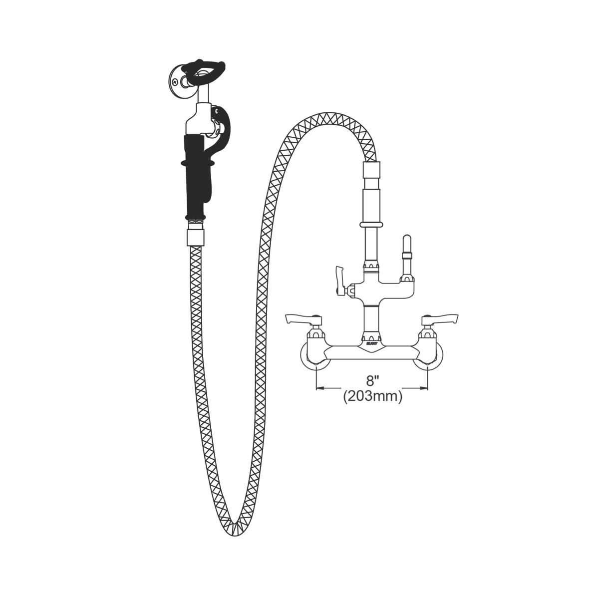 Elkay 8" Centerset Wall Mount Faucet with 60in Flexible Hose, 1.2 GPM Spray Head, 12in Arc Tube Spout, and 2in Lever Handles