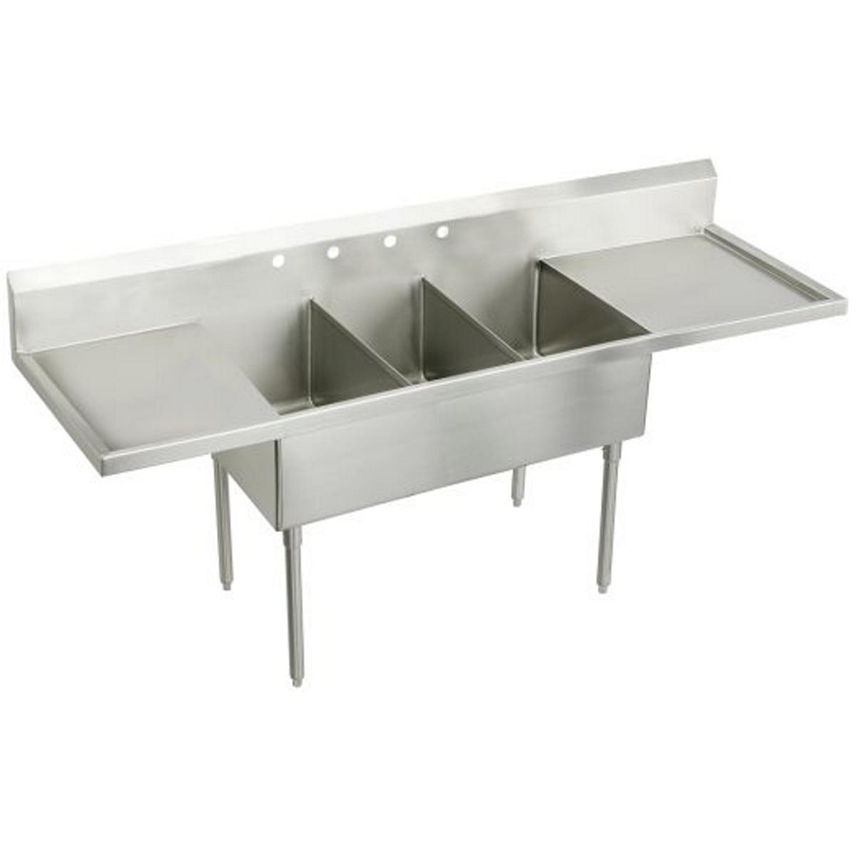 Weldbilt Stainless Steel 108" x 27-1/2" x 14" Floor Mount Triple Compartment Scullery Sink with Drainboard