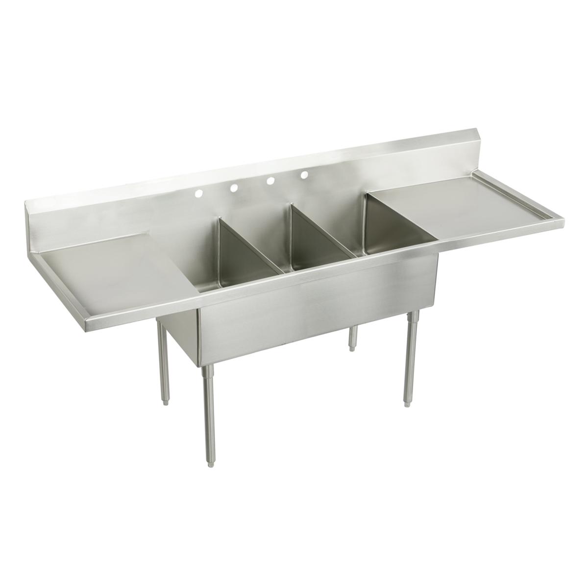Weldbilt Stainless Steel 108" x 27-1/2" x 14" Floor Mount Triple Compartment Scullery Sink with Drainboard and Overflow Hole