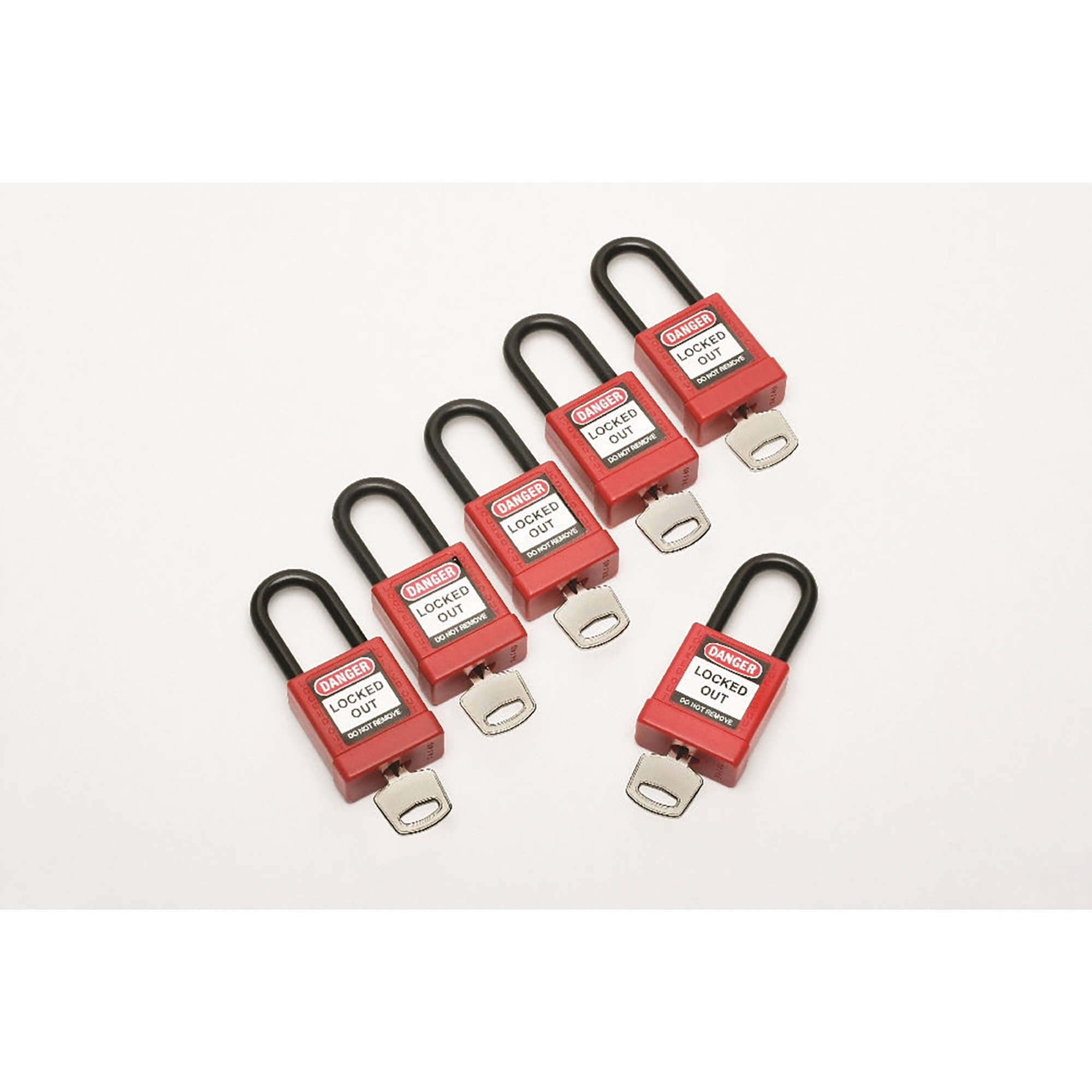 6 Lockout Safety Padlock, Aluminum, Steel Shackle - 1-1/2" x 1/2" x 3/4" - Keyed alike - Red - 6/PK