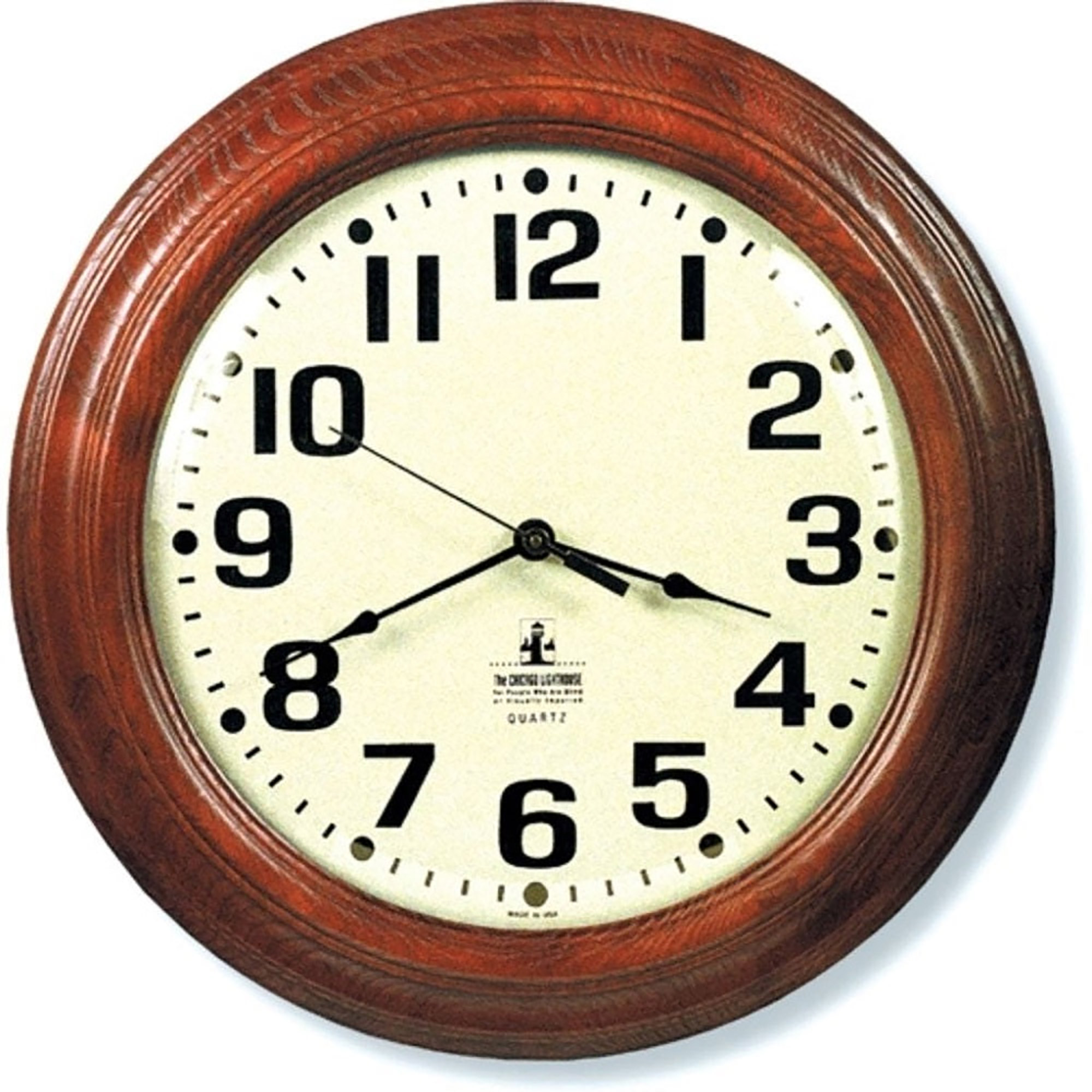 Quartz Wall Clock - Battery Operated - Hardwood Round Frame - Mahogany Case/White Face - Each
