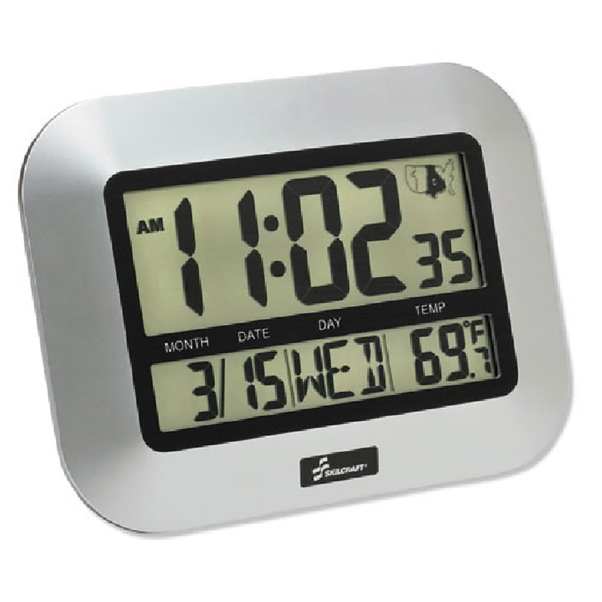 Clock, LCD Digital Display, Radio-Controlled, Silver, 9.75" x 7.25" x 1" - Each