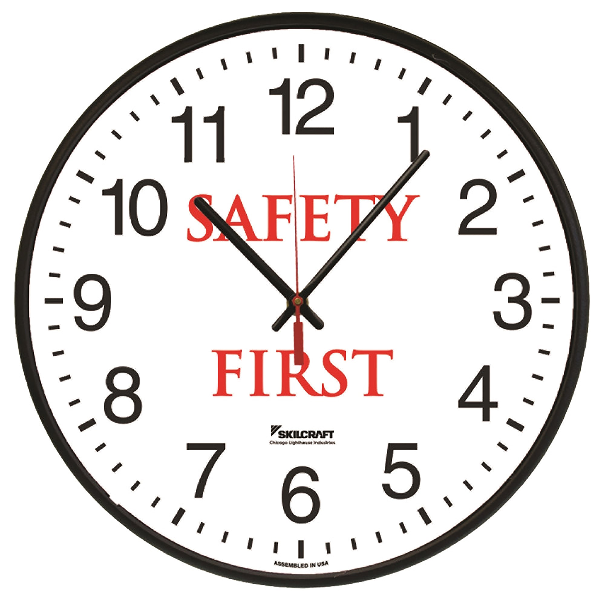 Clock, Wall, Quartz, "Safety First", 12-3/4" Diameter, Black Frame - Each