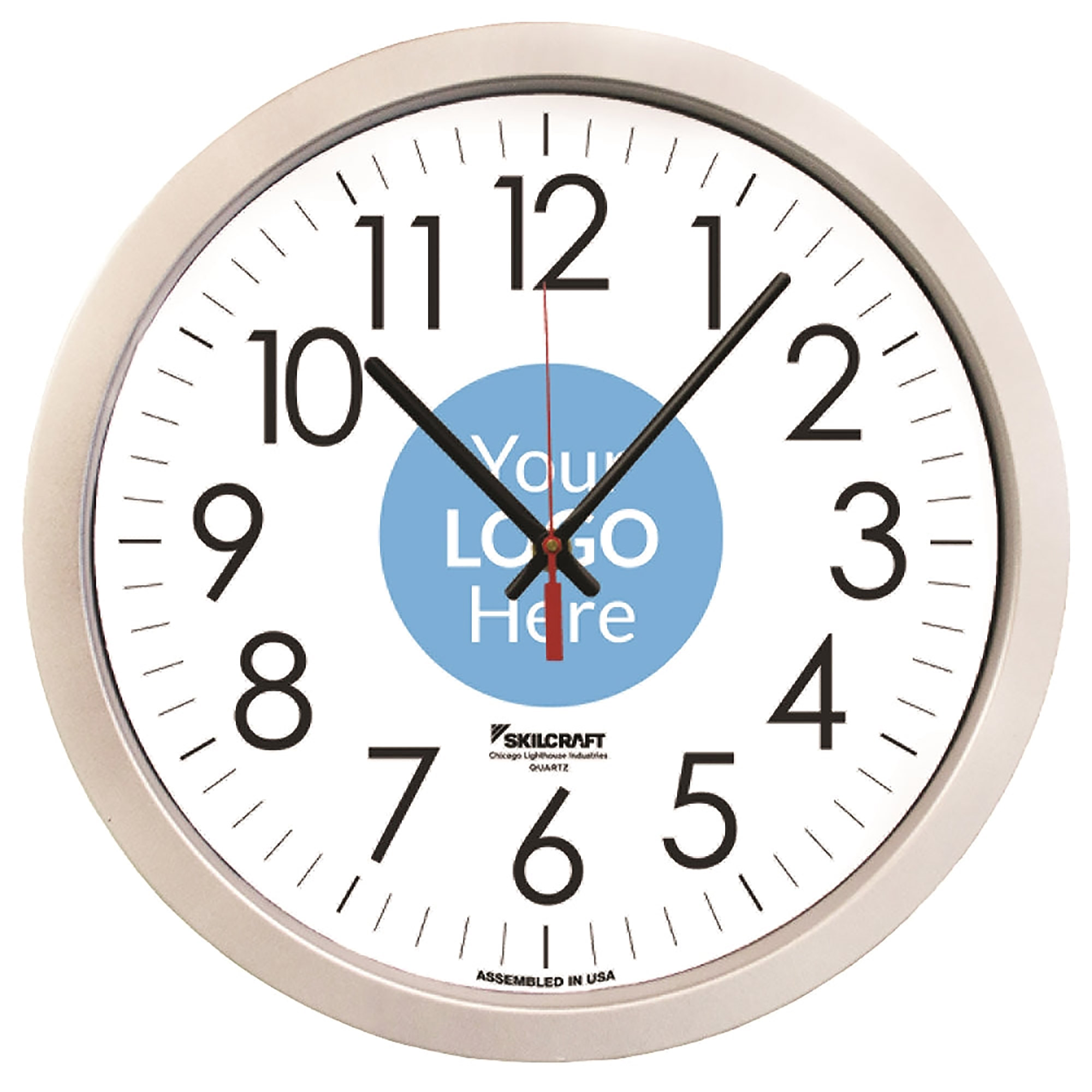 Clock, Wall, Quartz, 14-1/2" Diameter, Silver Frame, with Custom Logo - Each