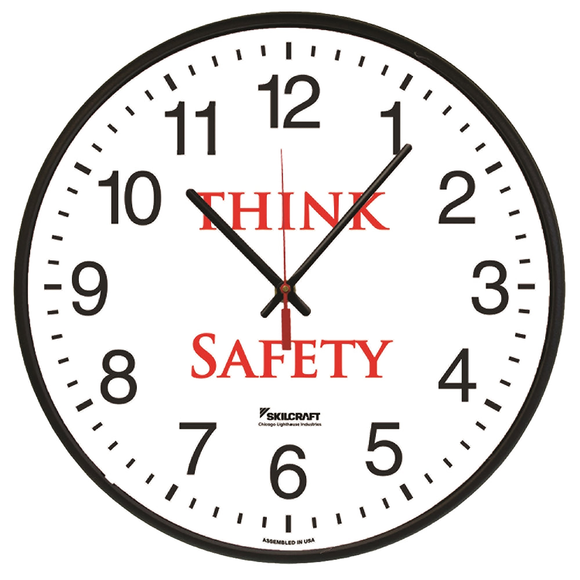 Clock, Wall, Quartz, "Think Safety", 12-3/4" Diameter, Black Frame - Each