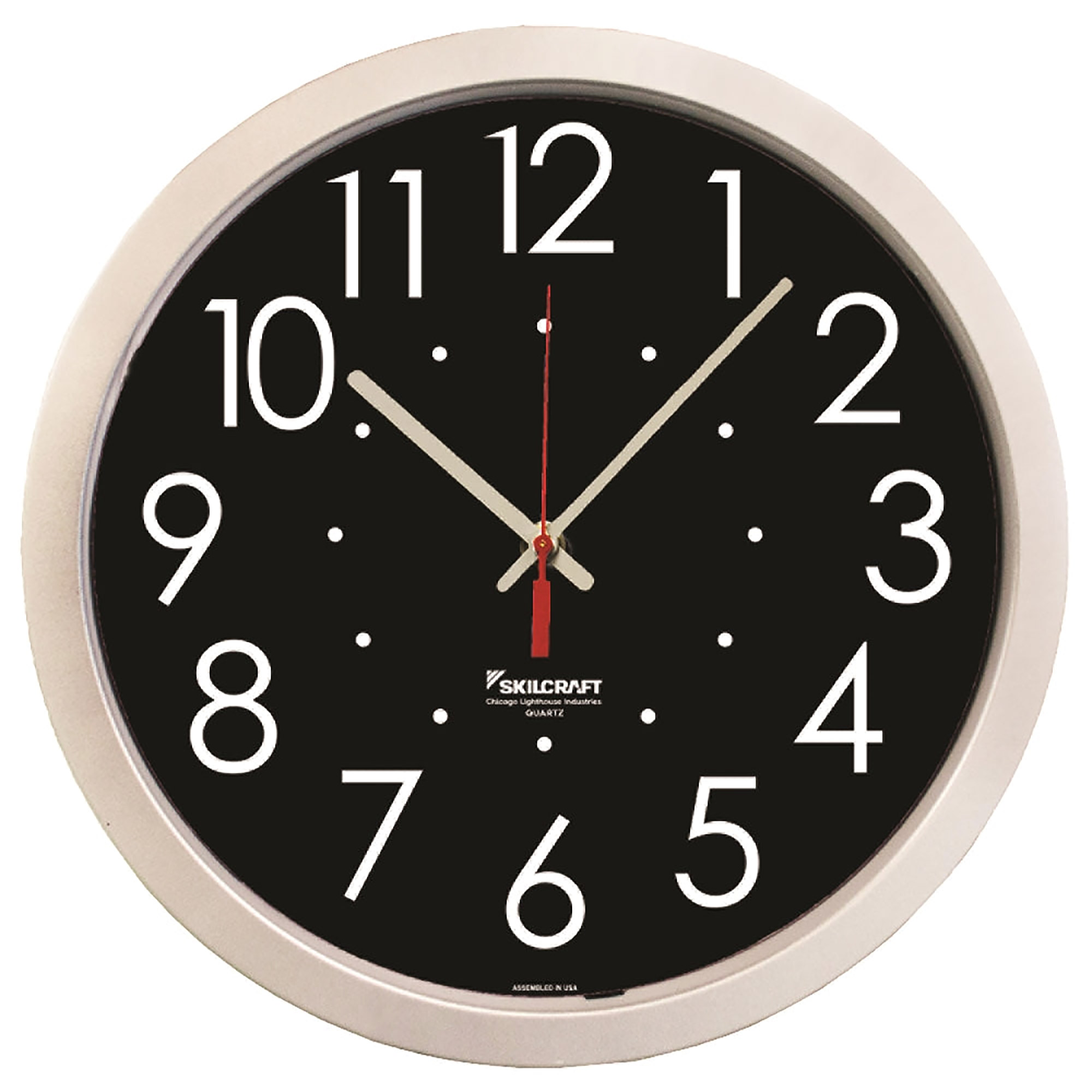Clock, Wall, Quartz, High Contrast Black Dial, 14-1/2" Diameter, Silver Frame - Each