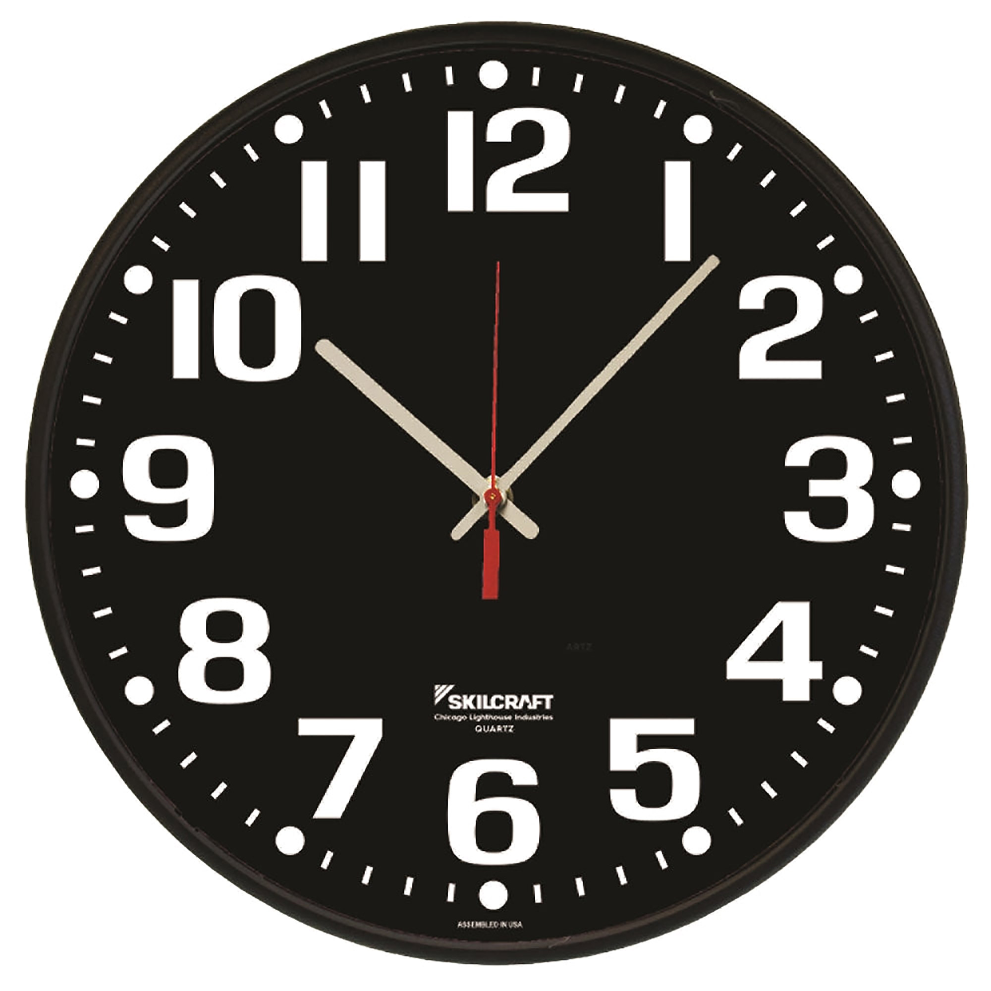 Clock, Wall, Quartz, High Contrast Black Dial, 12-3/4" Diameter, Black Frame - Each