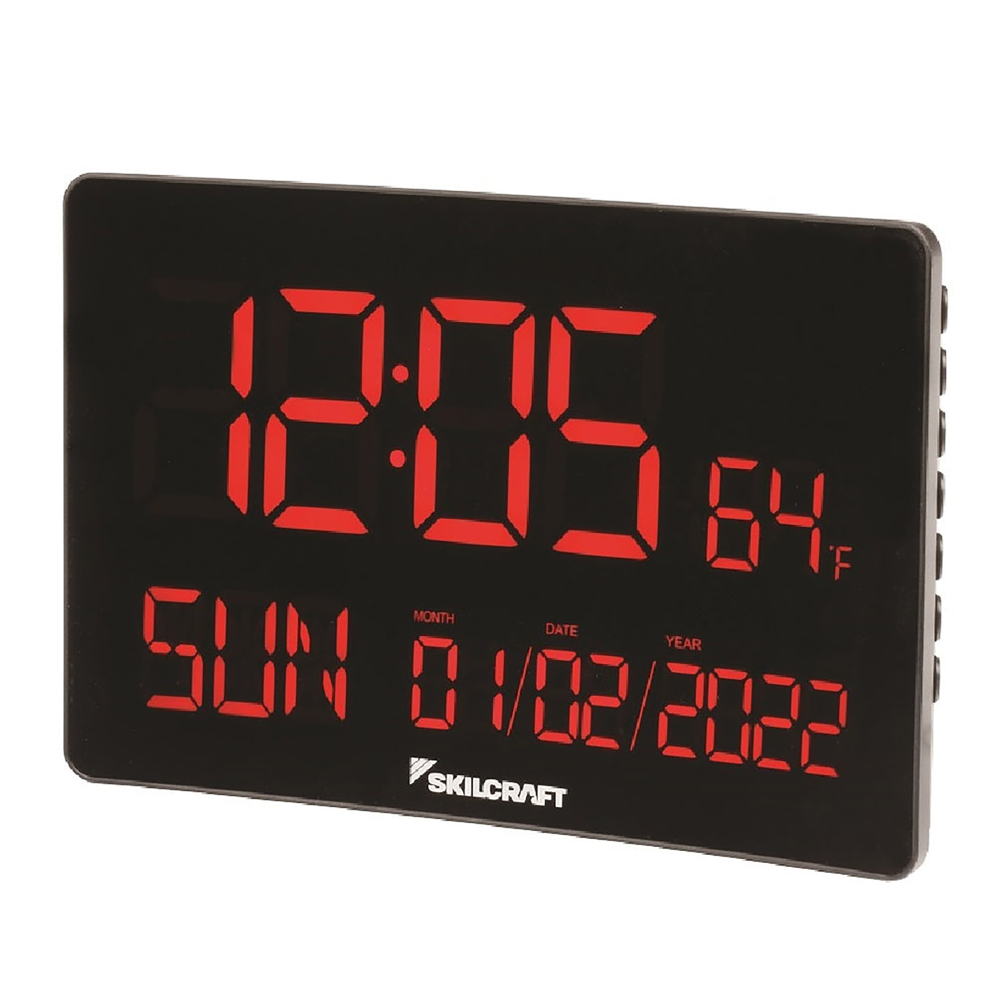 Clock, Digital, Wall Mount and Desktop, Self-set Movement, 2.44" Time Digits, Black w/ Red Digits