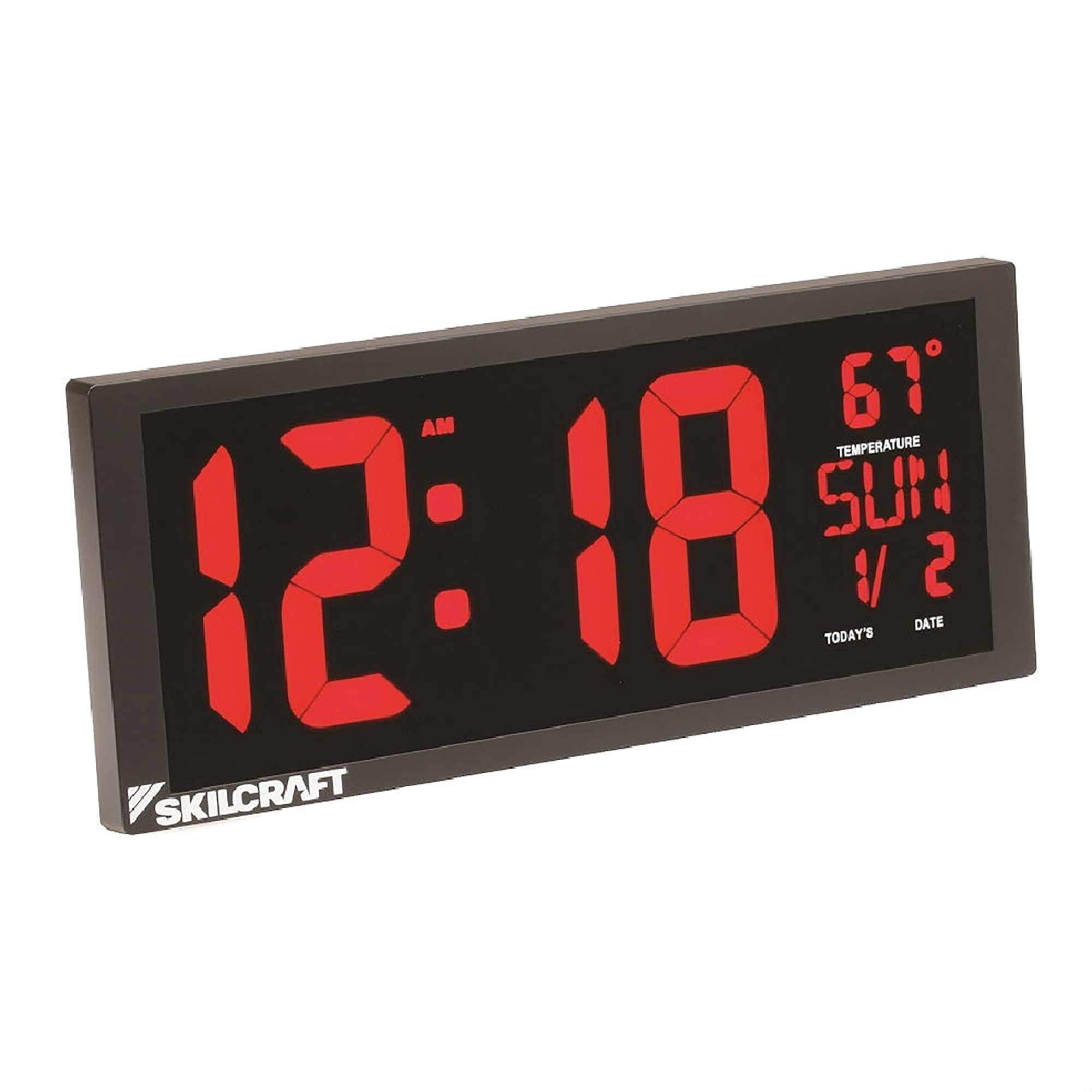 Clock, Digital, Wall Mount and Desktop, Self-set Movement, 3.93" Time Digits, Black w/ Red Digits