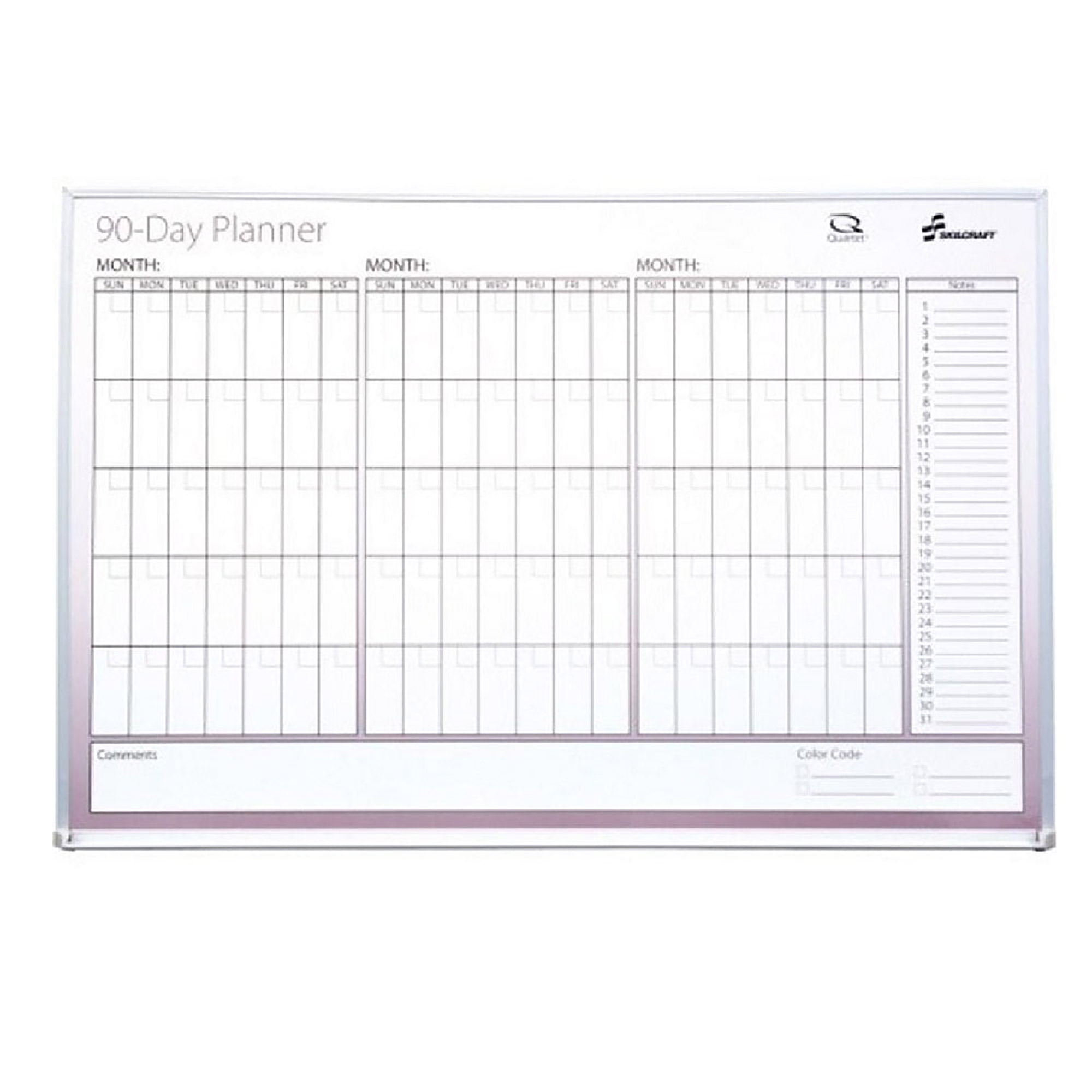 White Board, 90-Day Planner, Non-Dated, Aluminum Frame, 3' x 2' - Each