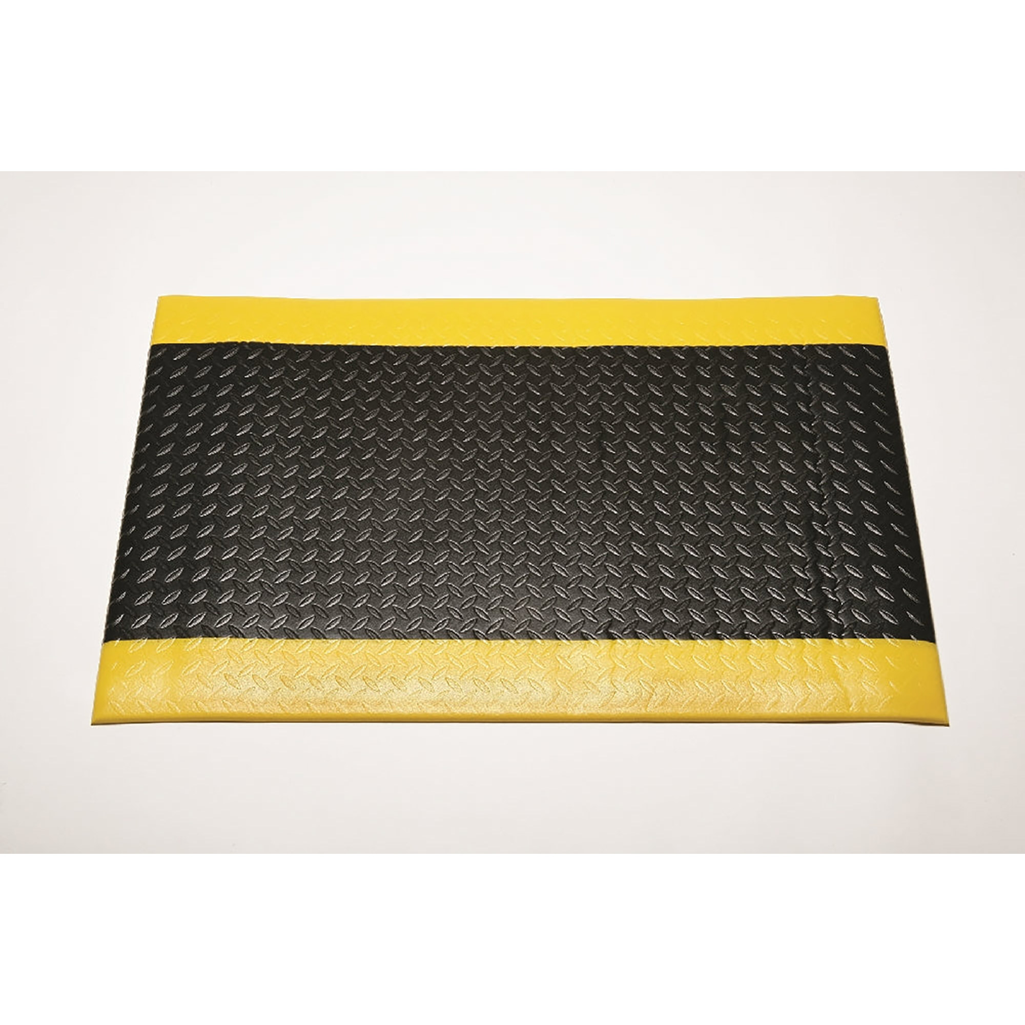 Mat, Floor, Industrial Deck-Plate, Anti-fatigue, Black with 2 Yellow Borders Stripes, 3' x 5' - Each