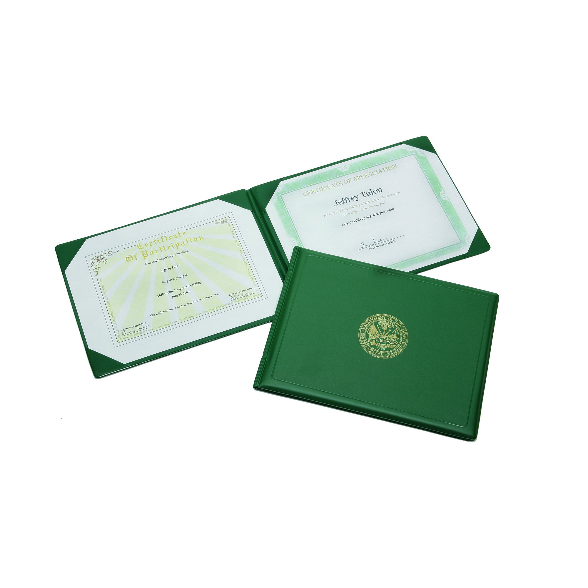 Binder, Awards Certificate, Gold Army Seal, Green, 8" x 10-1/2" - Each