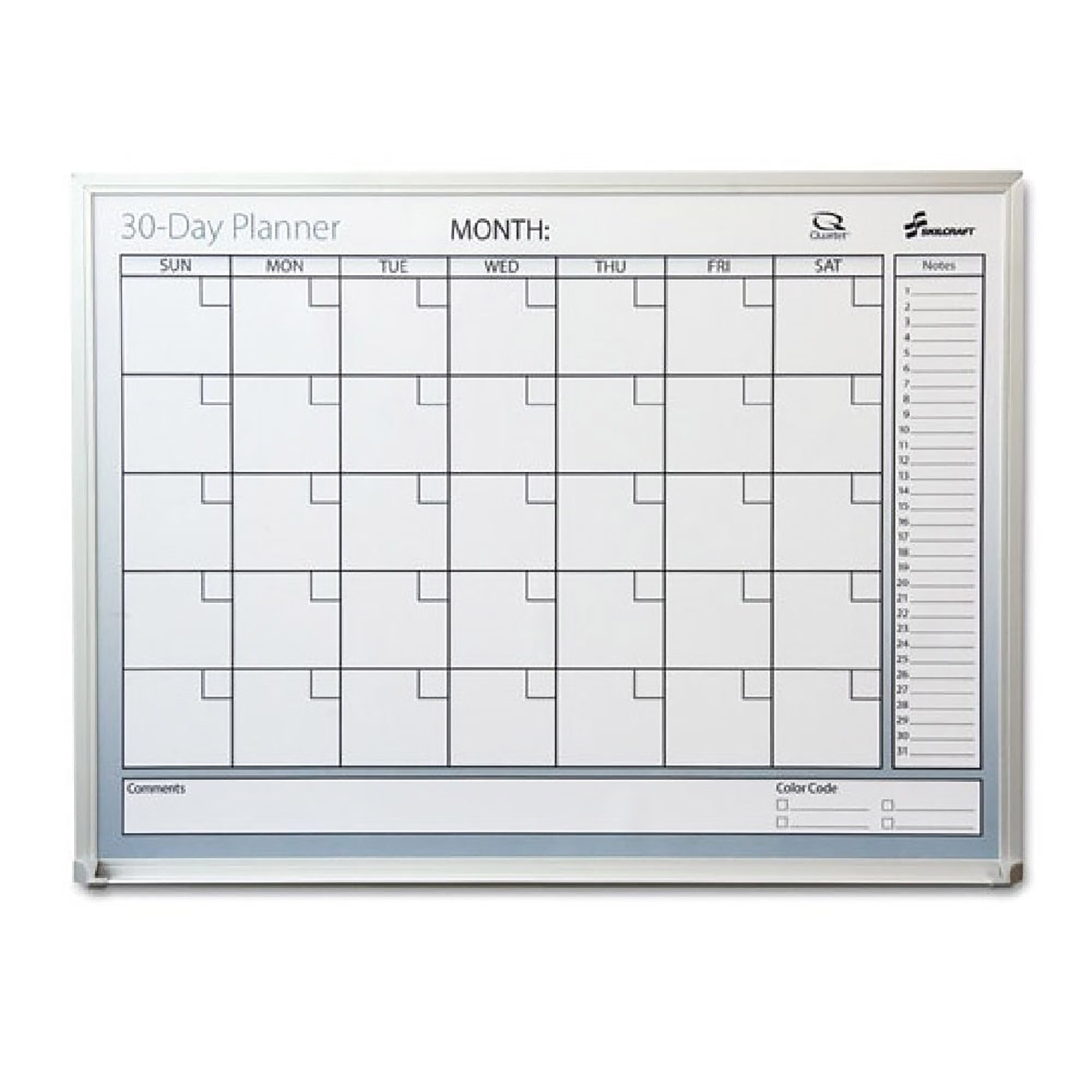 White Board, 30-Day Planner, Non-Dated, Mylar Laminated Surface, Aluminum Frame, 3' x 2' - Each