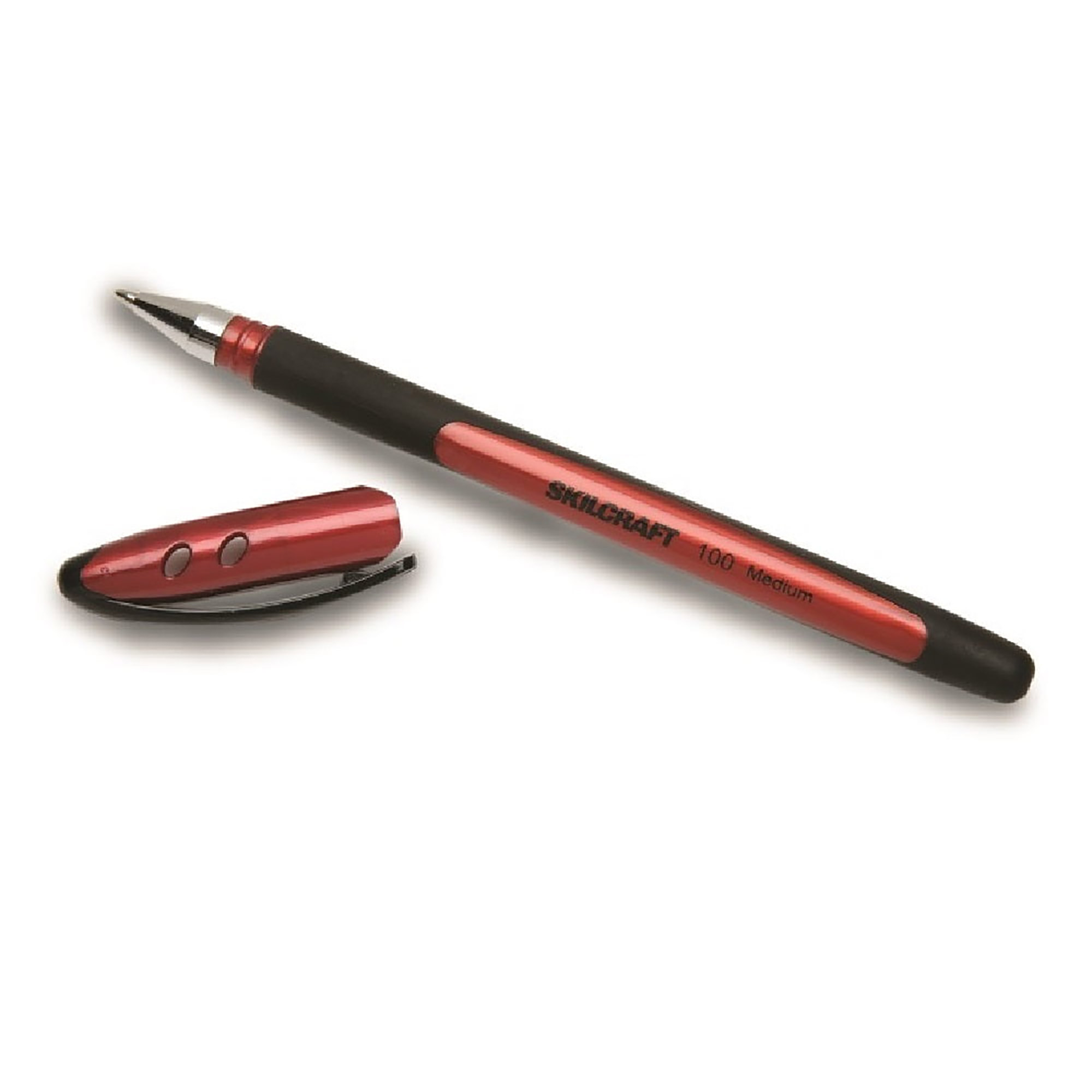 Pen, Ballpoint, Stick, Non-Refillable, Rubberized Barrel, Red, Fine Point - 12/PK