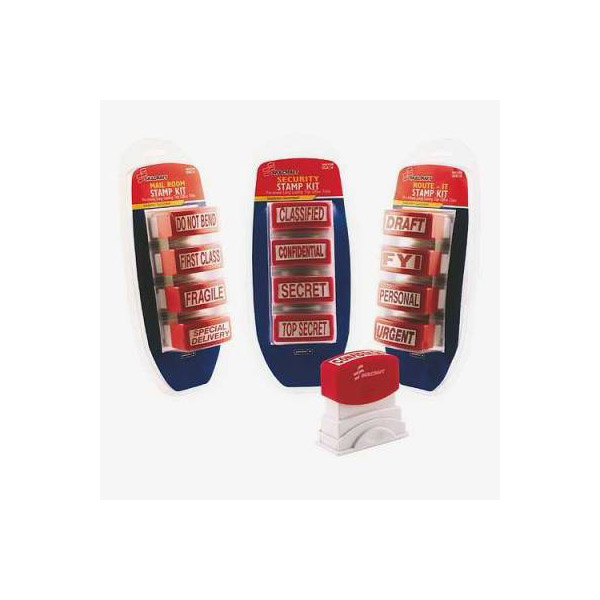Stamp Kit, Pre-Inked, Red, 4-Piece, 1 1/2" x 1/2", File Master Set - Each