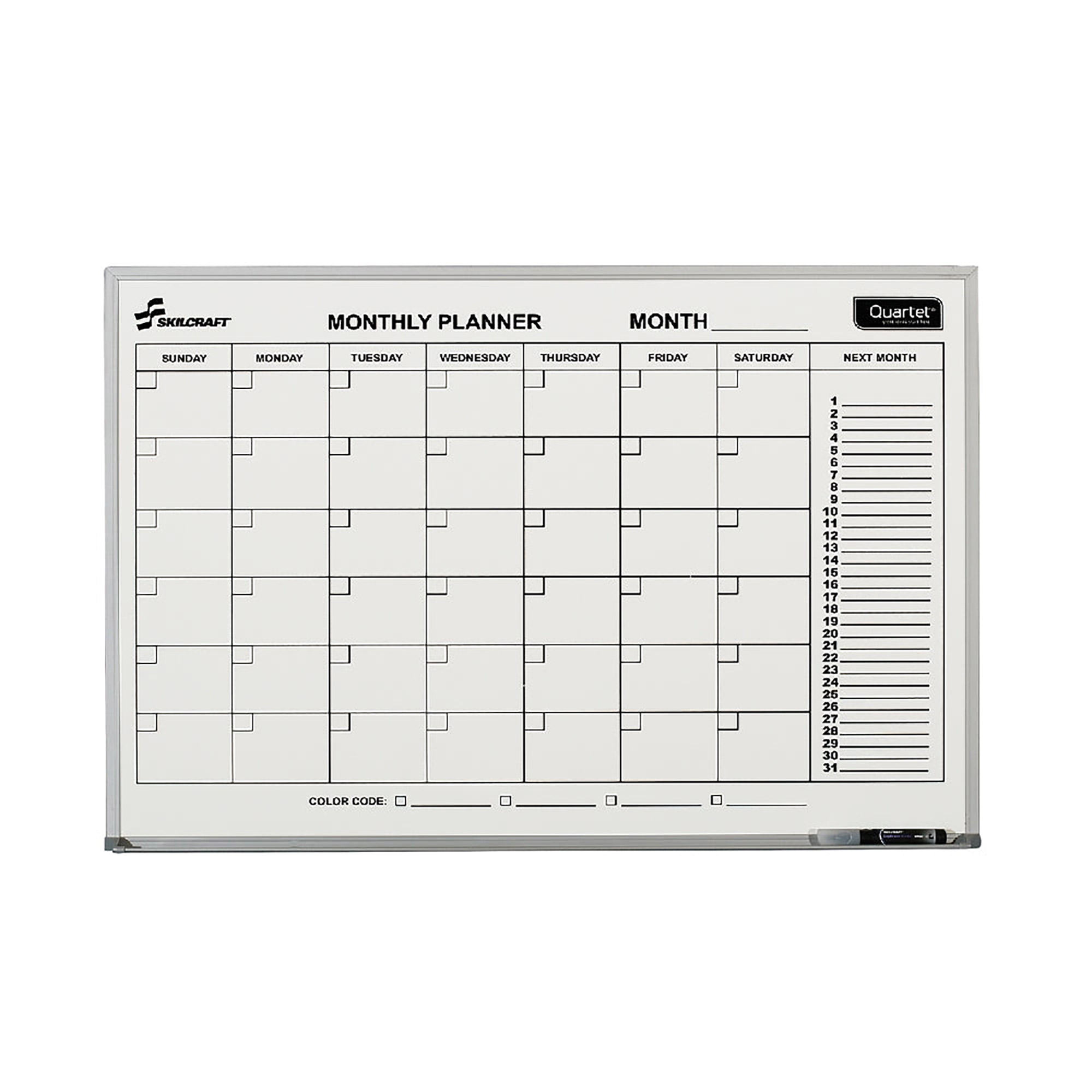 White Board, Dry Erase, 1 Month Calendar Planner, Non-Dated, Aluminum Frame, 3' x 2' - Each
