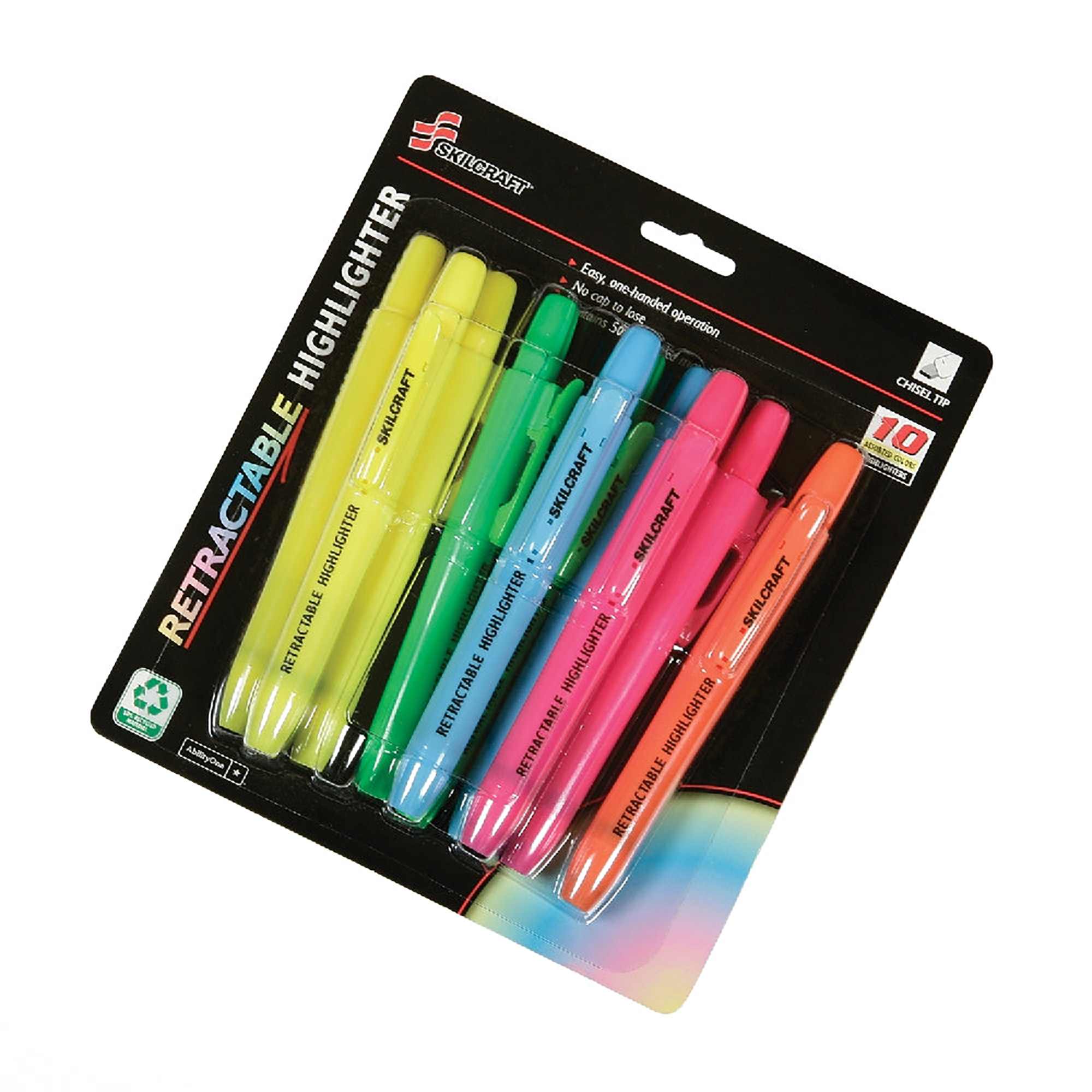 Markers, Highlighters, Retractable, Chisel Tip, 10-Color Set