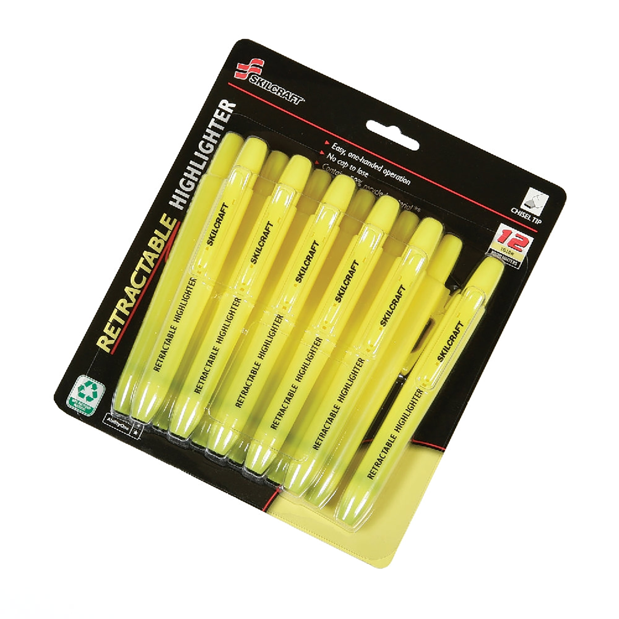 Markers, Highlighter, Retractable, Chisel Tip, Yellow, 12/PK