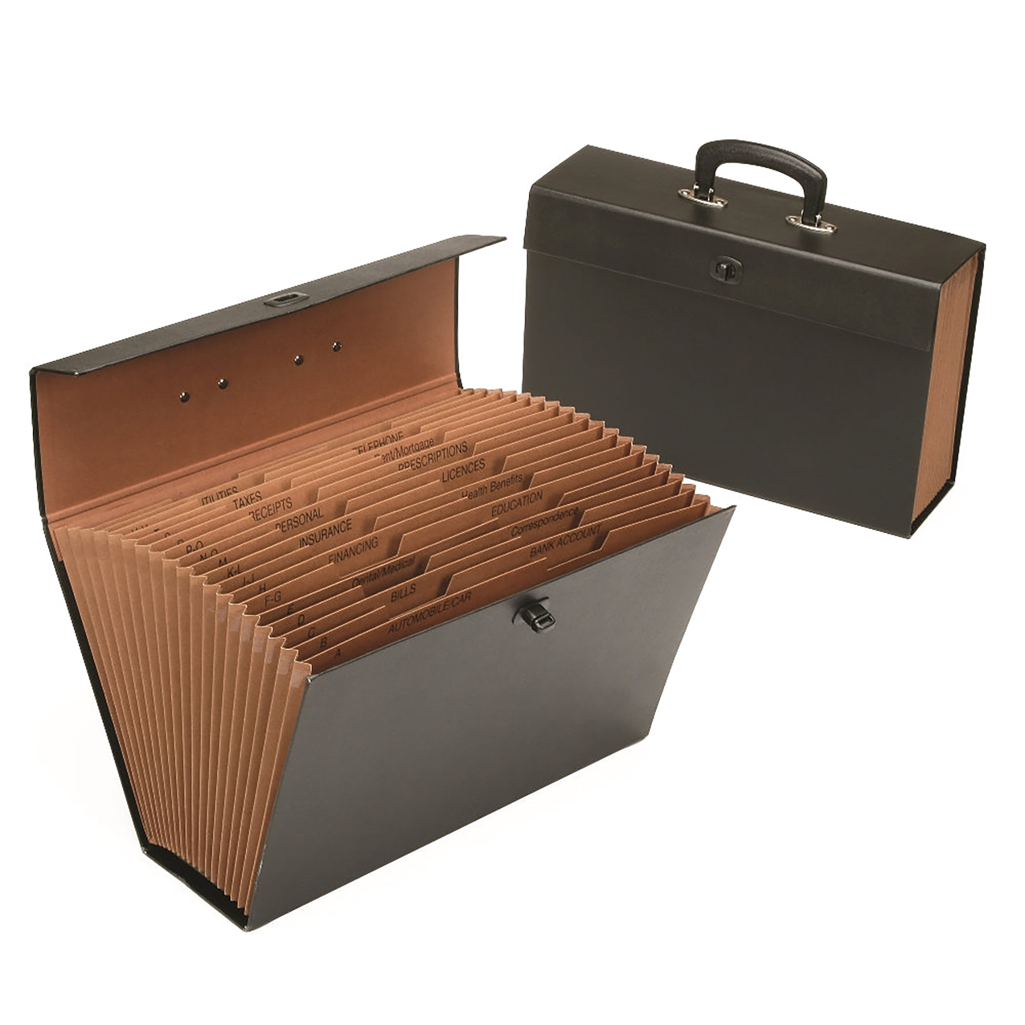 File Storage Box, Expanding, 19 tab, Alpha/Subject, Latch Closure, Pressboard and Kraft Paper, Black