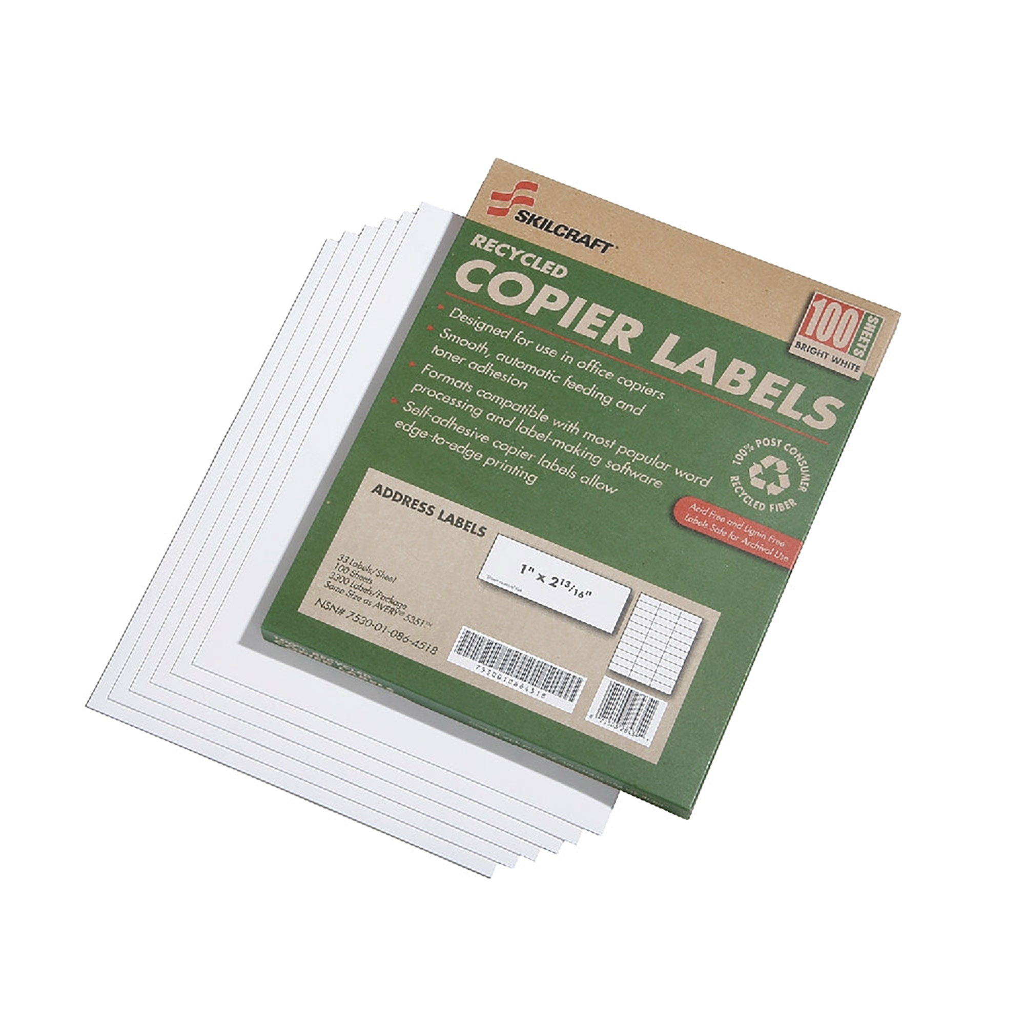 Label, Copier, Pressure Sensitive, Recycled, Address, White, 1" x 2-13/16" - 100/BX