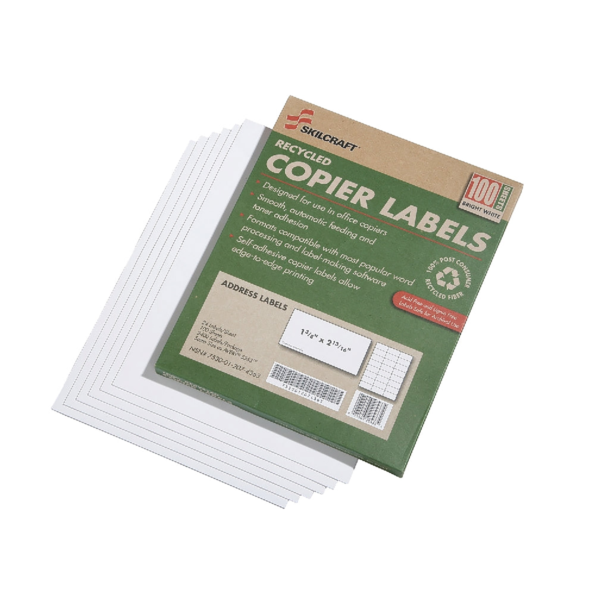 Label, Copier, Pressure Sensitive, Recycled, Address, White, 1-3/8" x 2-13/16" - 100/BX