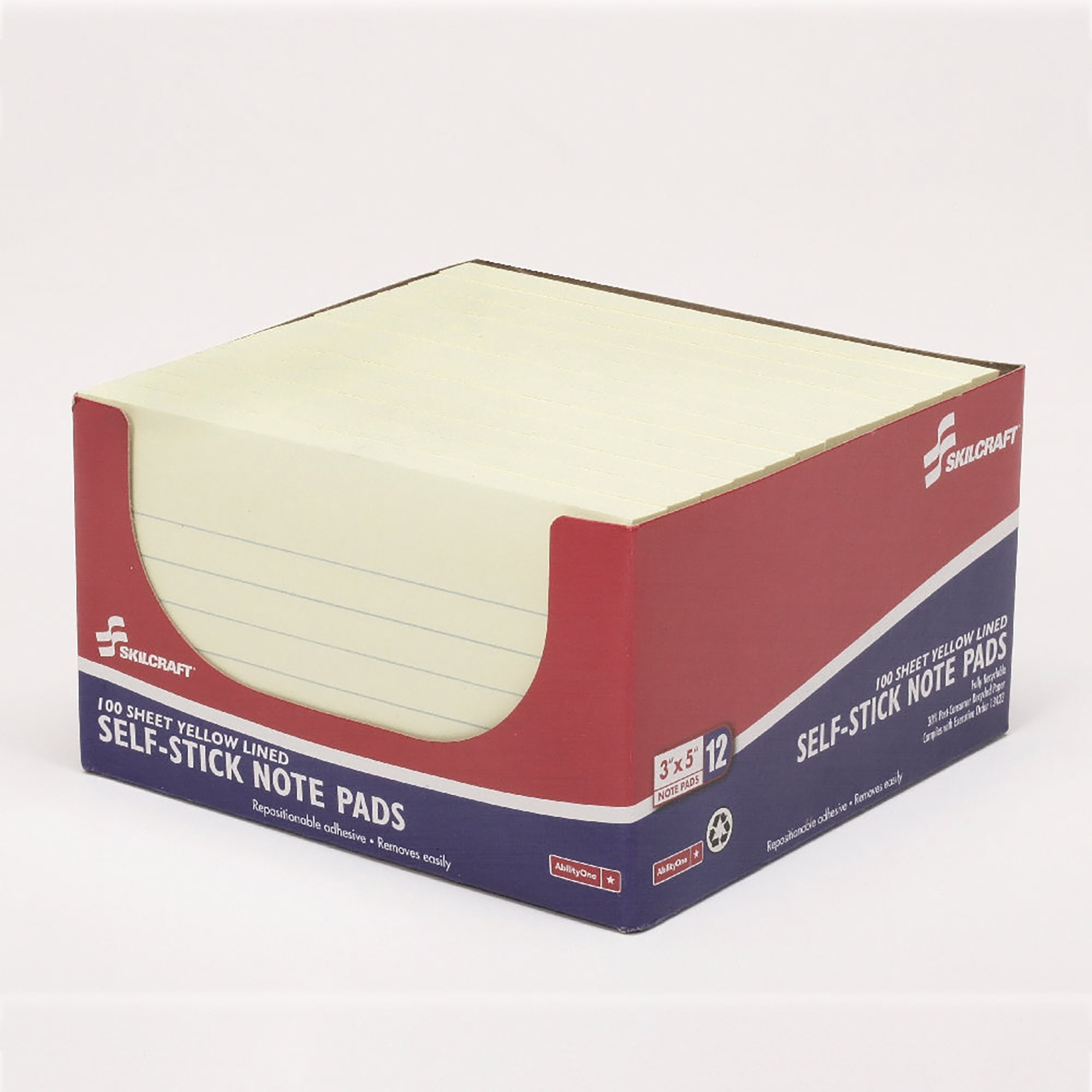 Pad, Writing Paper, Self-Stick, Repositionable, Ruled, Yellow, 3" x 5" - 12/PK
