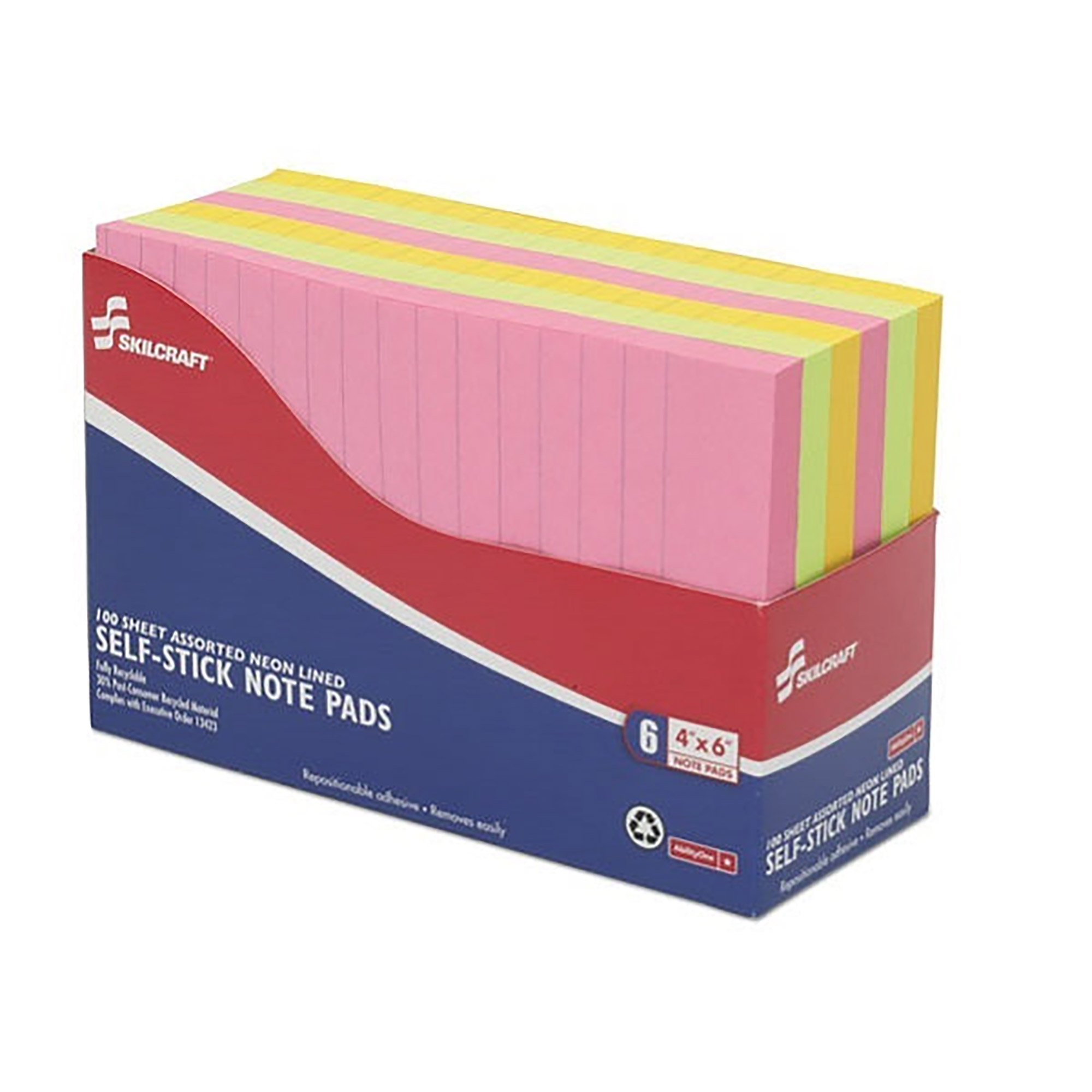 Writing Pad, Self-Stick, Repositionable , Ruled, Assorted Neon, 4" x 6" - 12/PK
