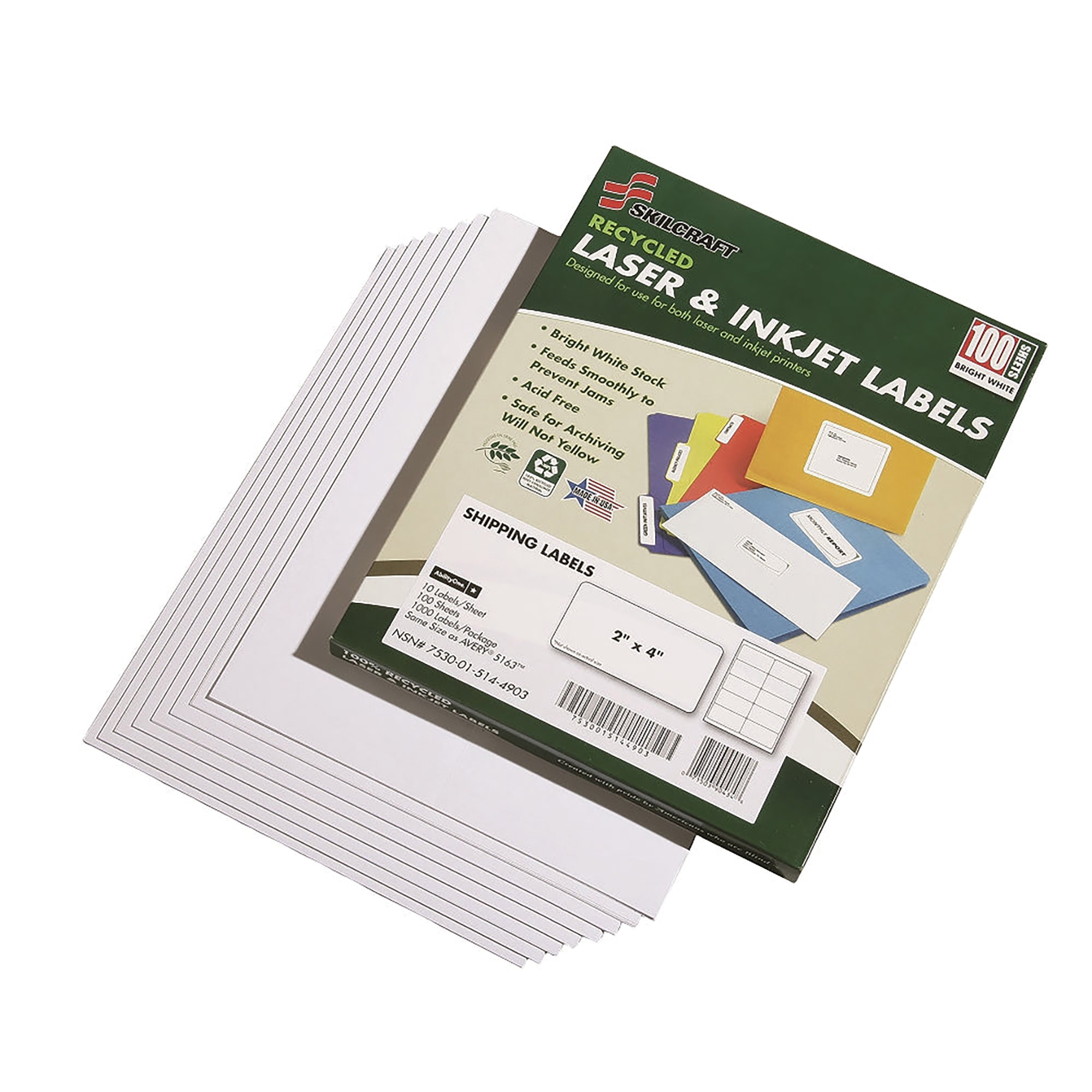 Label, Shipping, Recycled, Laser And Inkjet, White, 2" x 4", 100 Sheets/BX