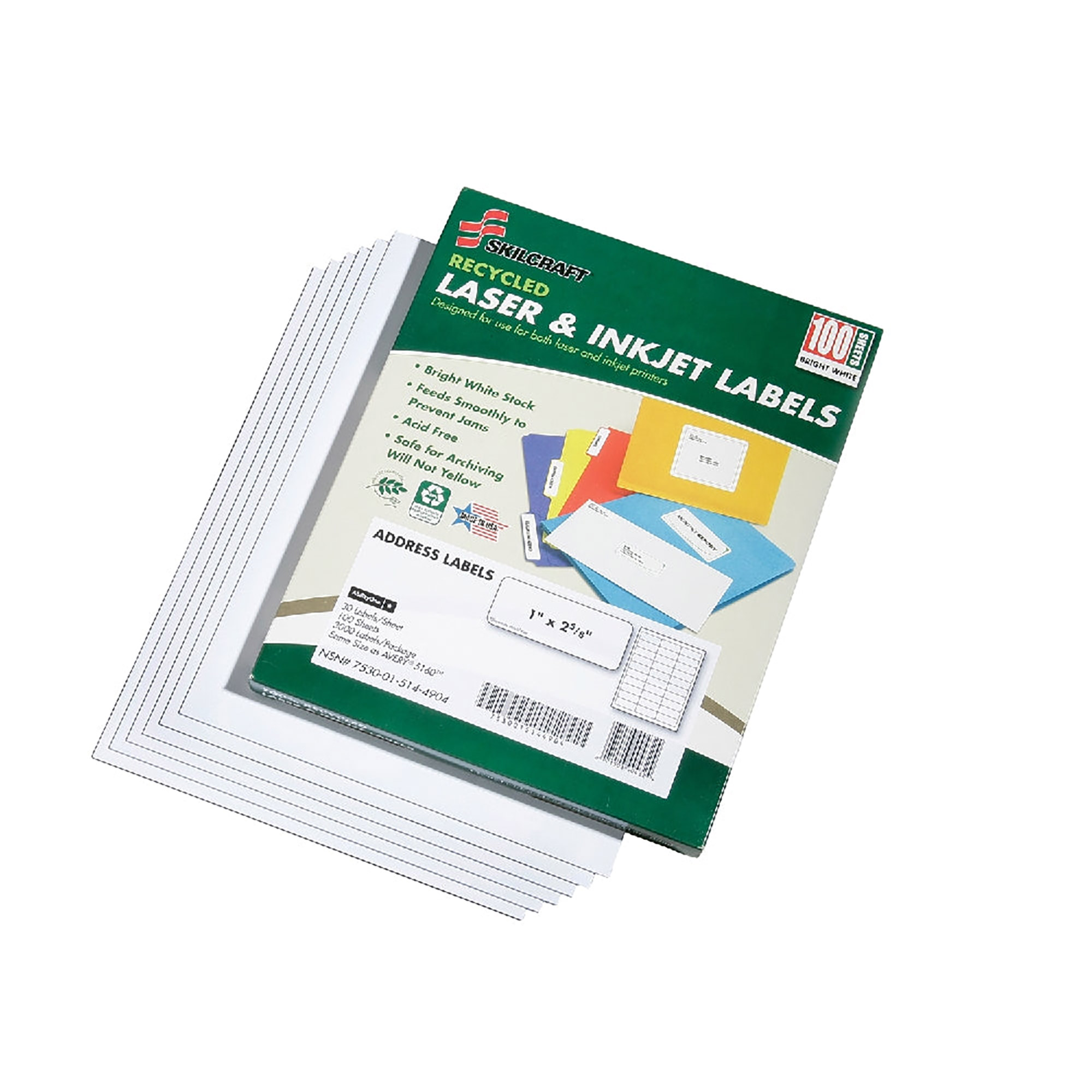 Label, Address, Recycled, Laser And Inkjet, White, 1" x 2-5/8", 100 Sheets