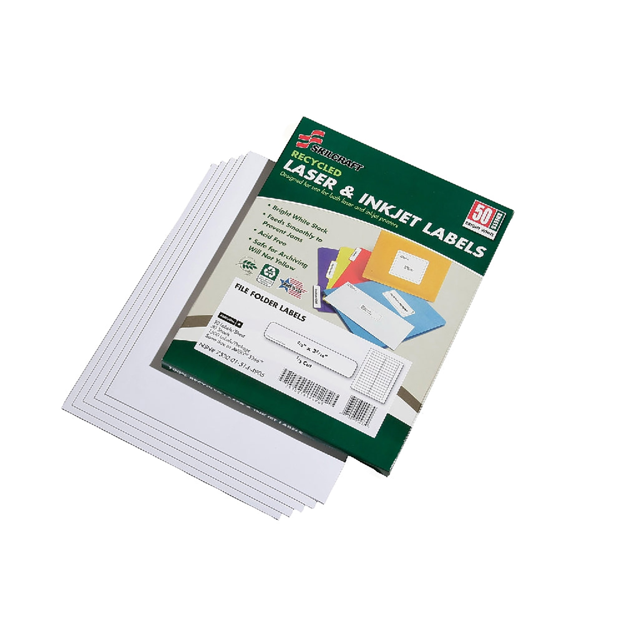 Label, File Folder, Recycled, Laser And Inkjet, White, 2/3" x 3-7/16" - 50/BX