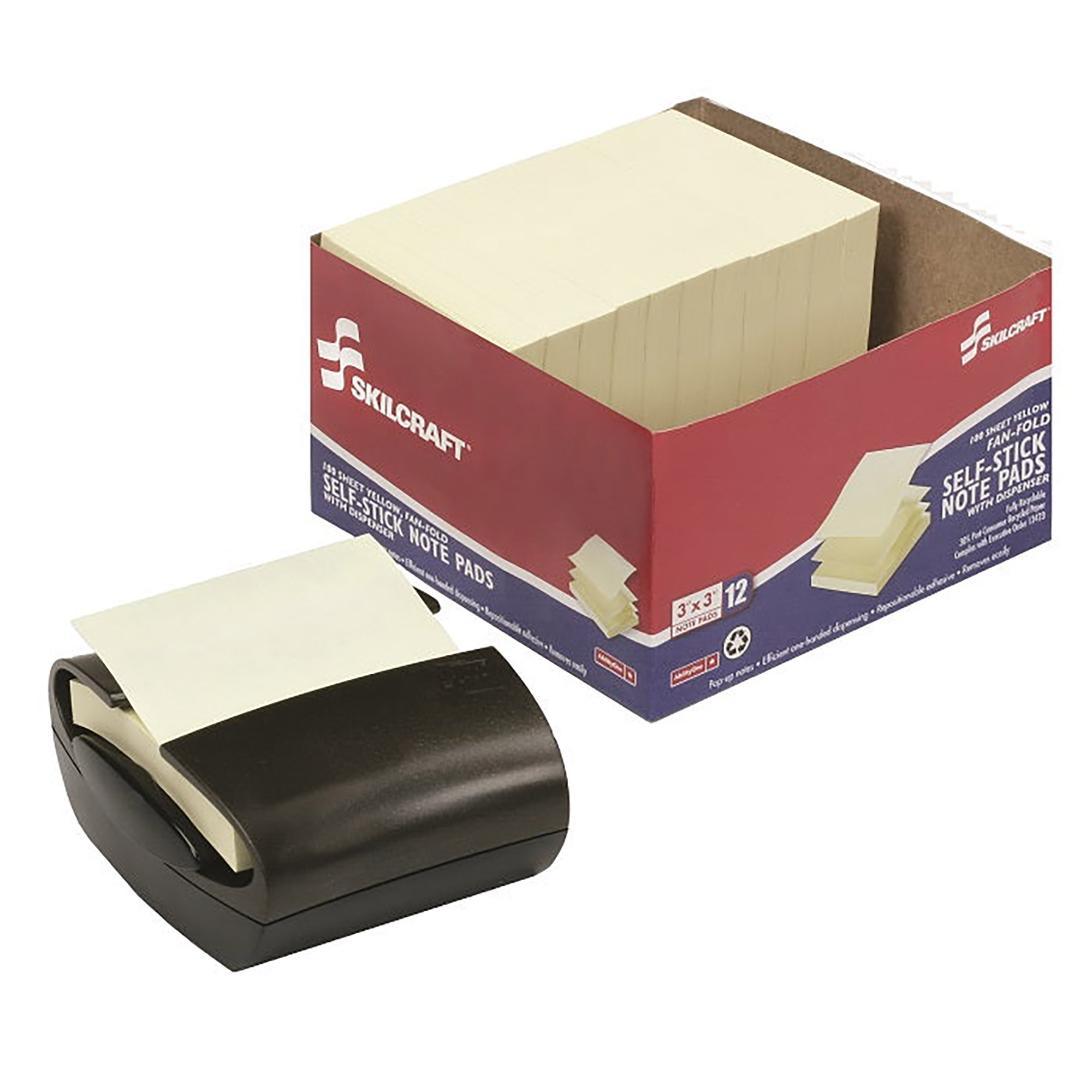 Note Pads, Self-Stick, Fan Fold With Dispenser, Yellow, 3" x 3" - 4/PK