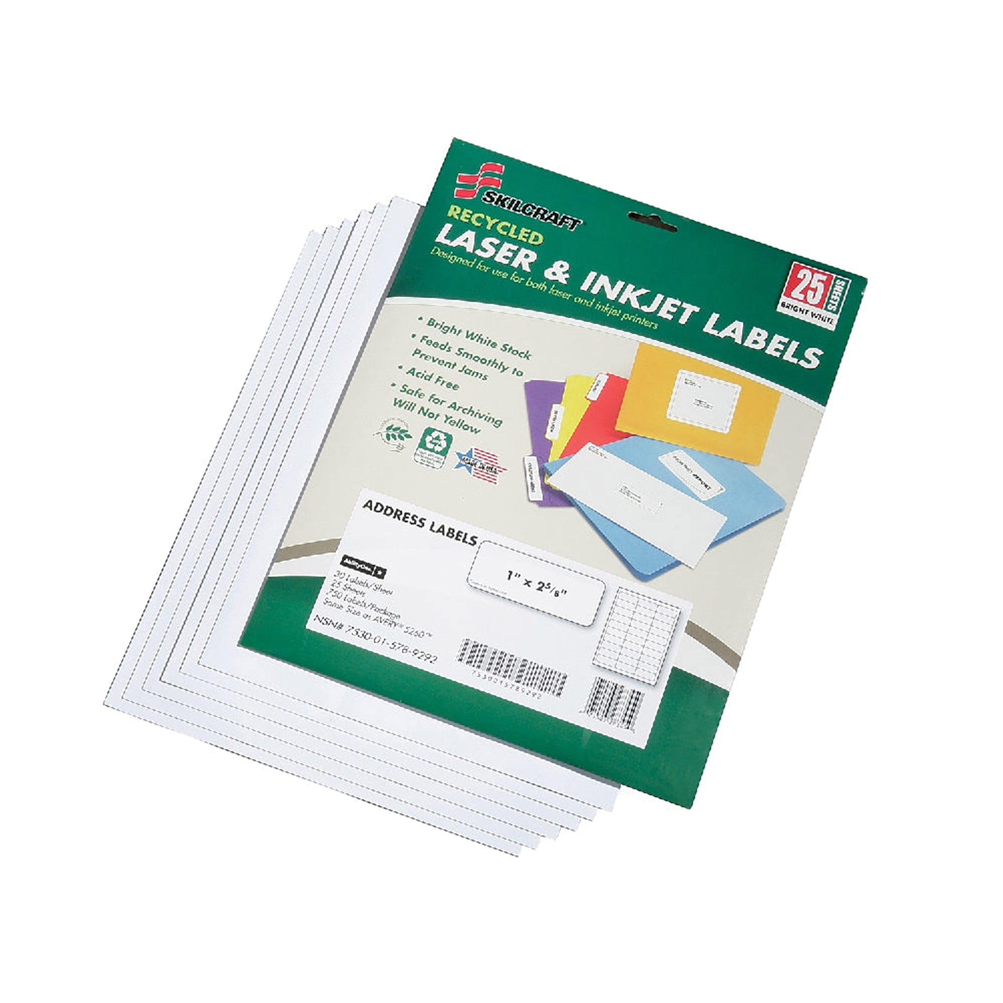Label, Address, Recycled, Laser And Inkjet, White, 1" x 2-5/8", 25 Sheets/PK