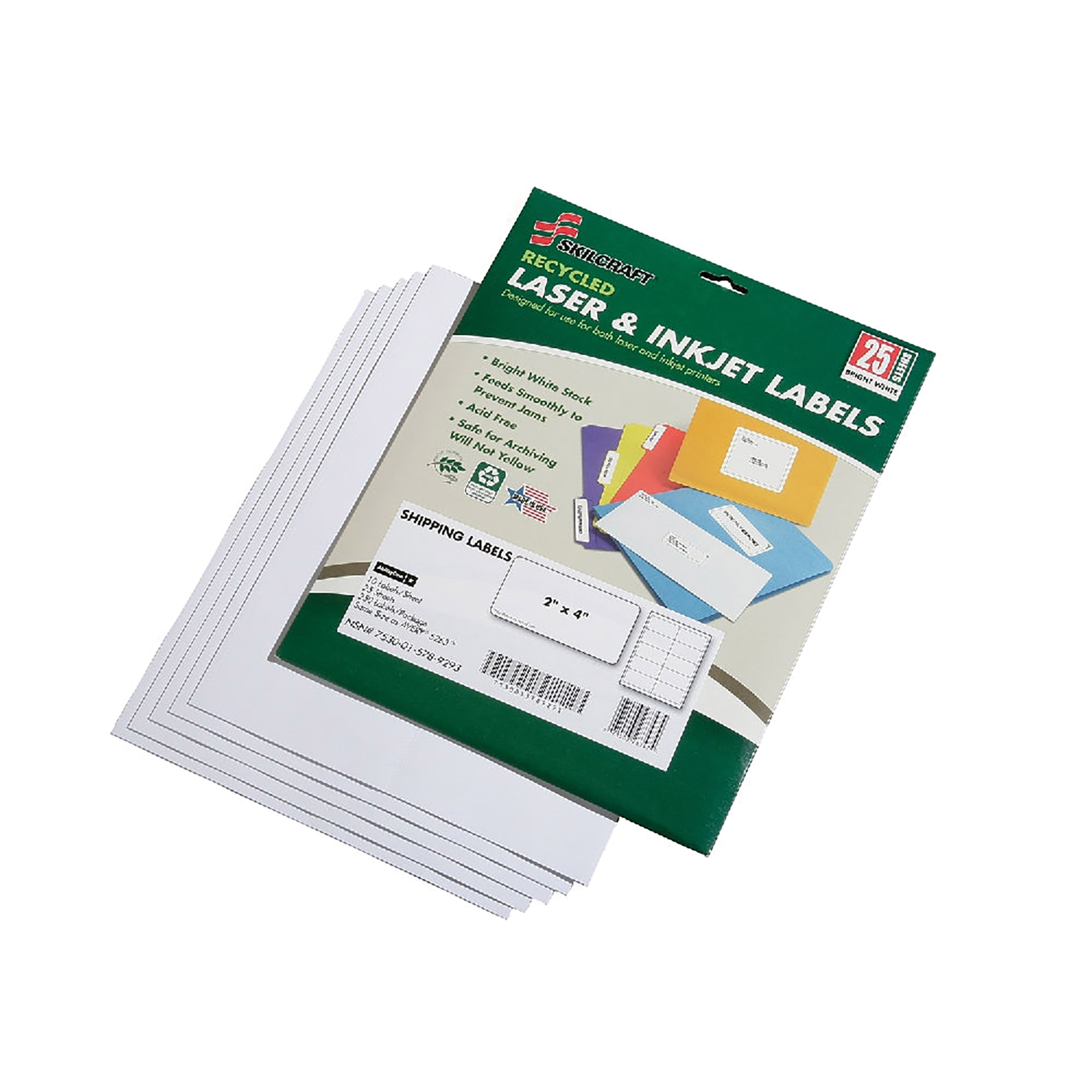 Label, Shipping, Recycled, Laser And Inkjet, White, 2" x 4", 25 Sheets/PK