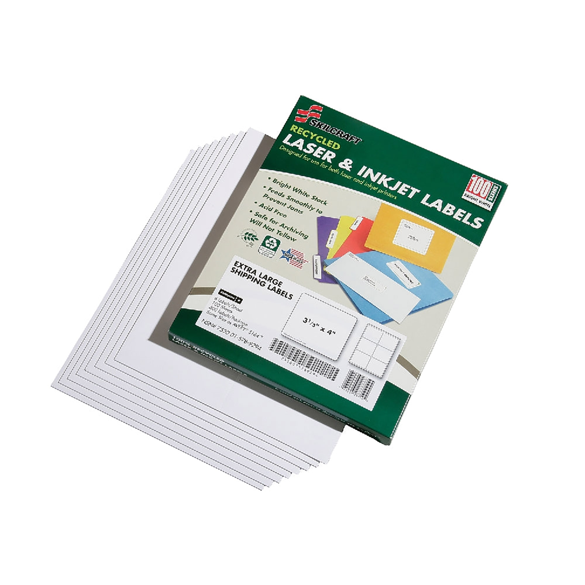 Label, Shipping, Recycled, Laser And Inkjet, White, 3-1/3" x 4", 100 Sheets/BX