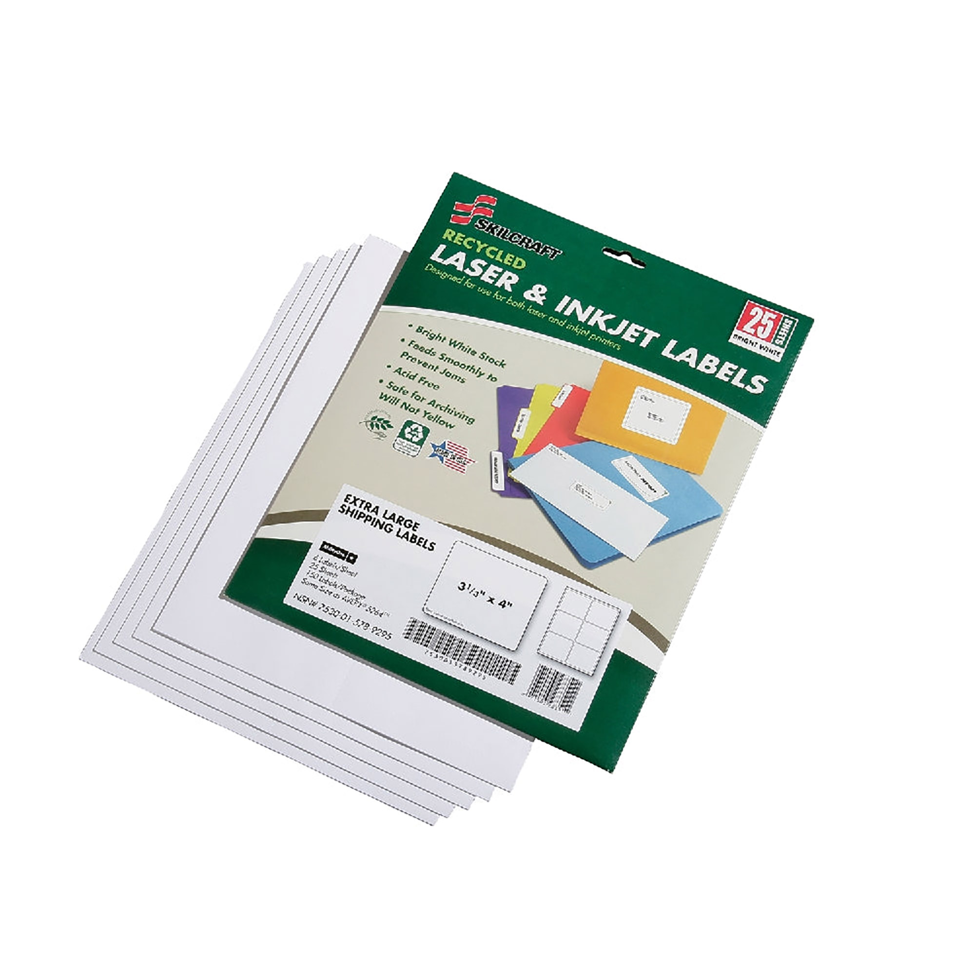 Label, Shipping, Recycled, Laser And Inkjet, White, 3-1/3" x 4", 25 Sheets/PK