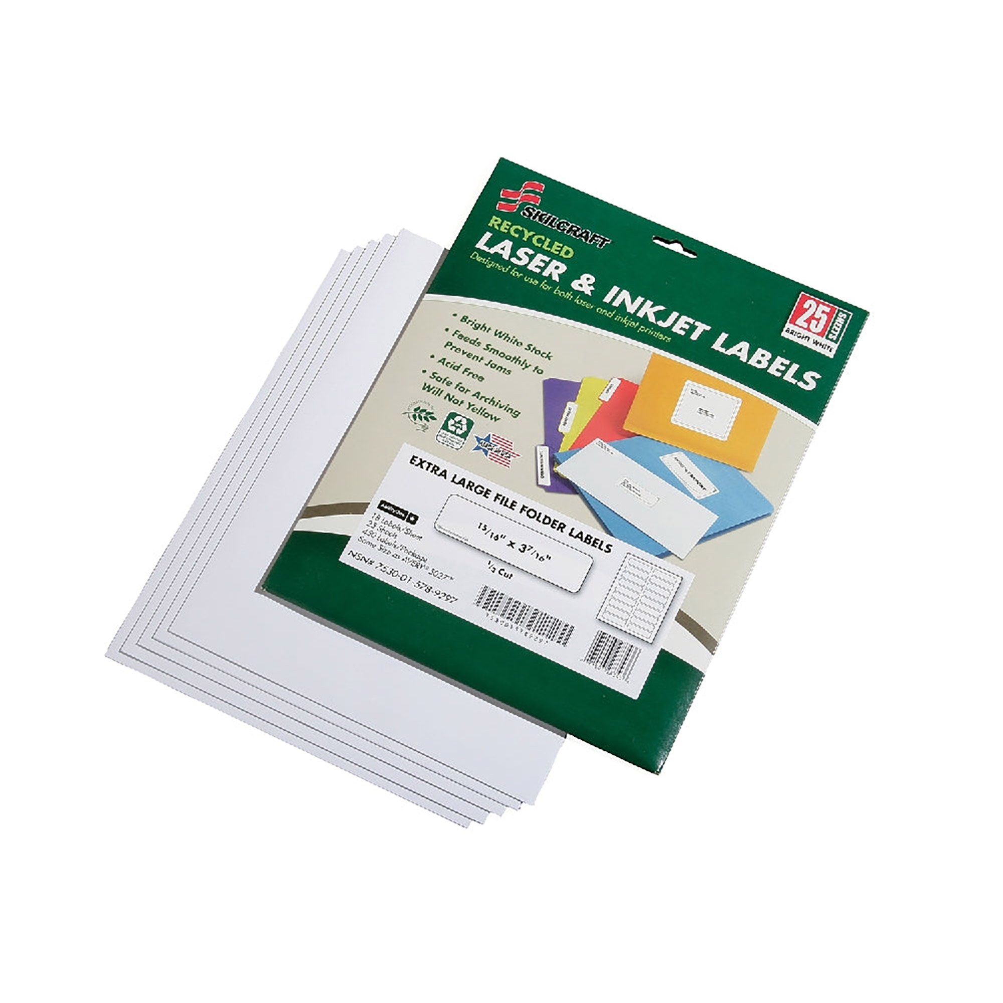 Label, File Folder, Recycled, Laser And Inkjet, White, 15/16" x 3-7/16", 25/PK