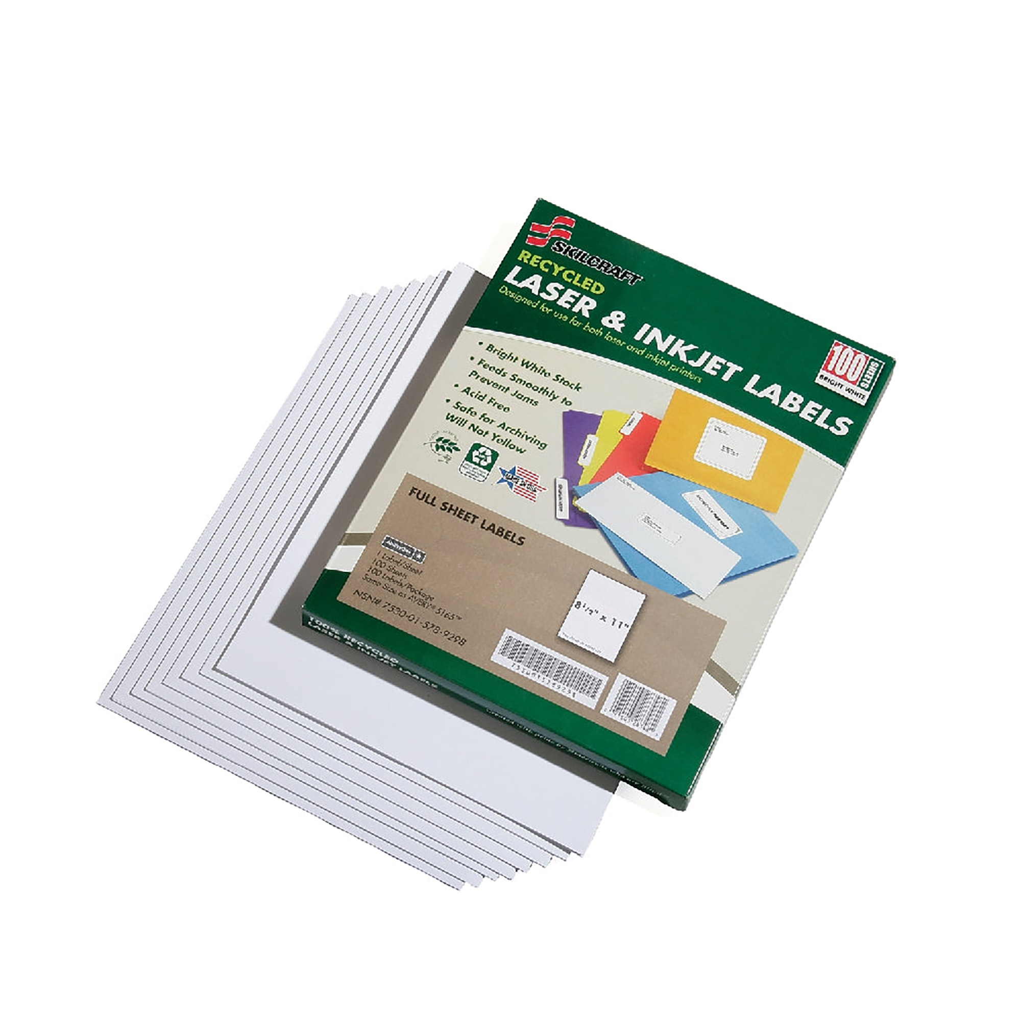 Label, Full Sheet, Recycled, Laser And Inkjet, White, 8-1/2" x 11", 100 Sheets/BX
