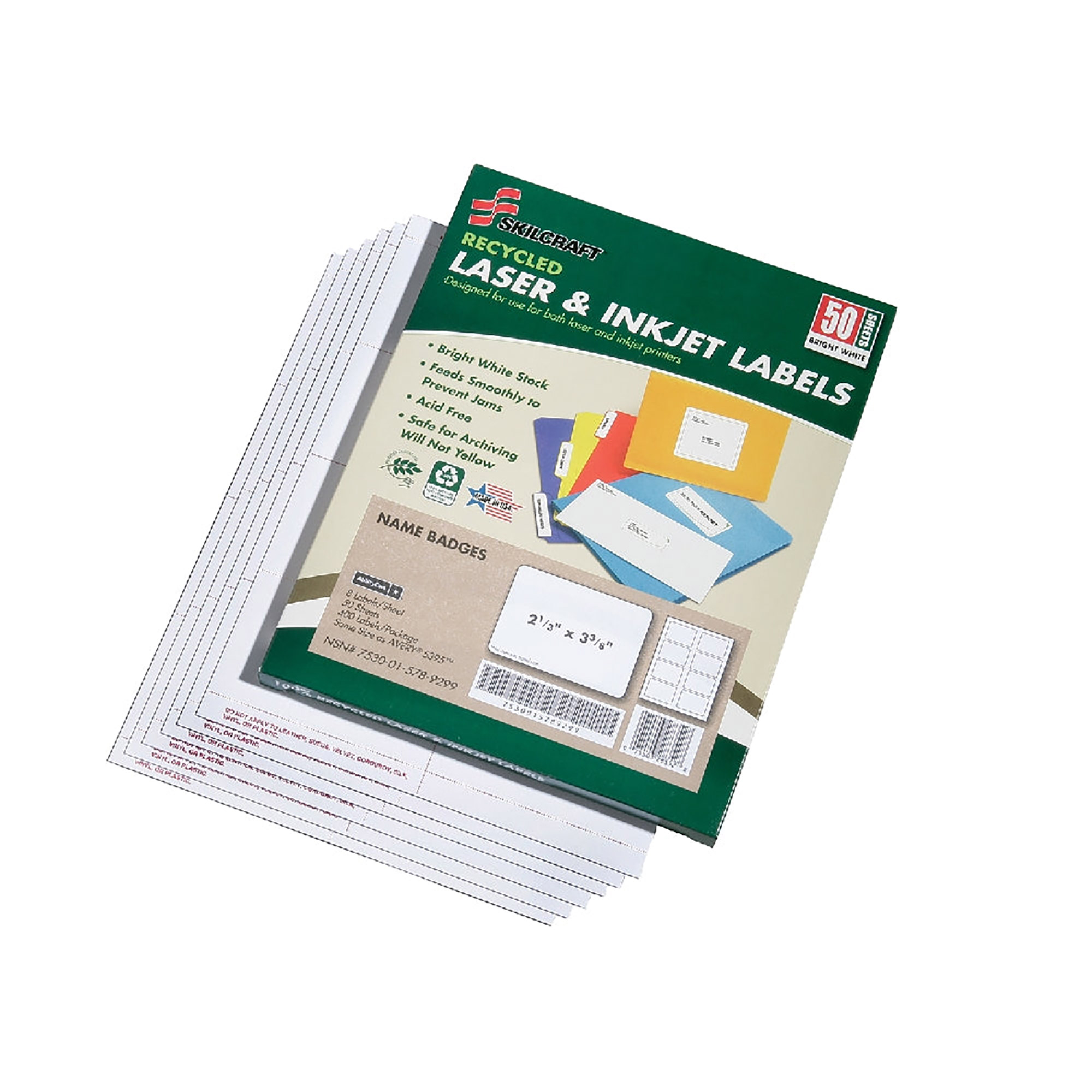 Label, Name Badges, Recycled, Laser And Inkjet, White, 2-1/3" x 3-3/8", 50 Sheets/BX