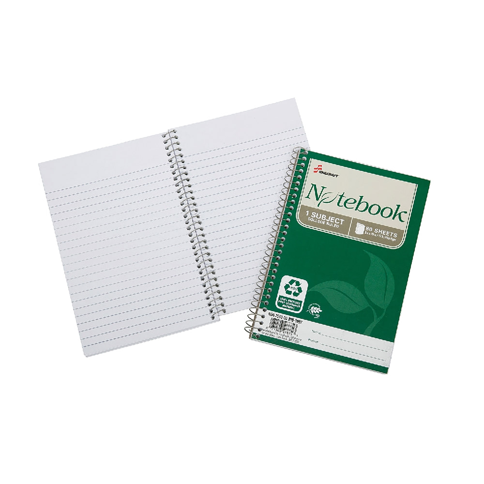 Notebook, Spiral Bound, 100% Pcw, 5 x 7-1/2", 80 Sheets, College Rule, White - 6/PK