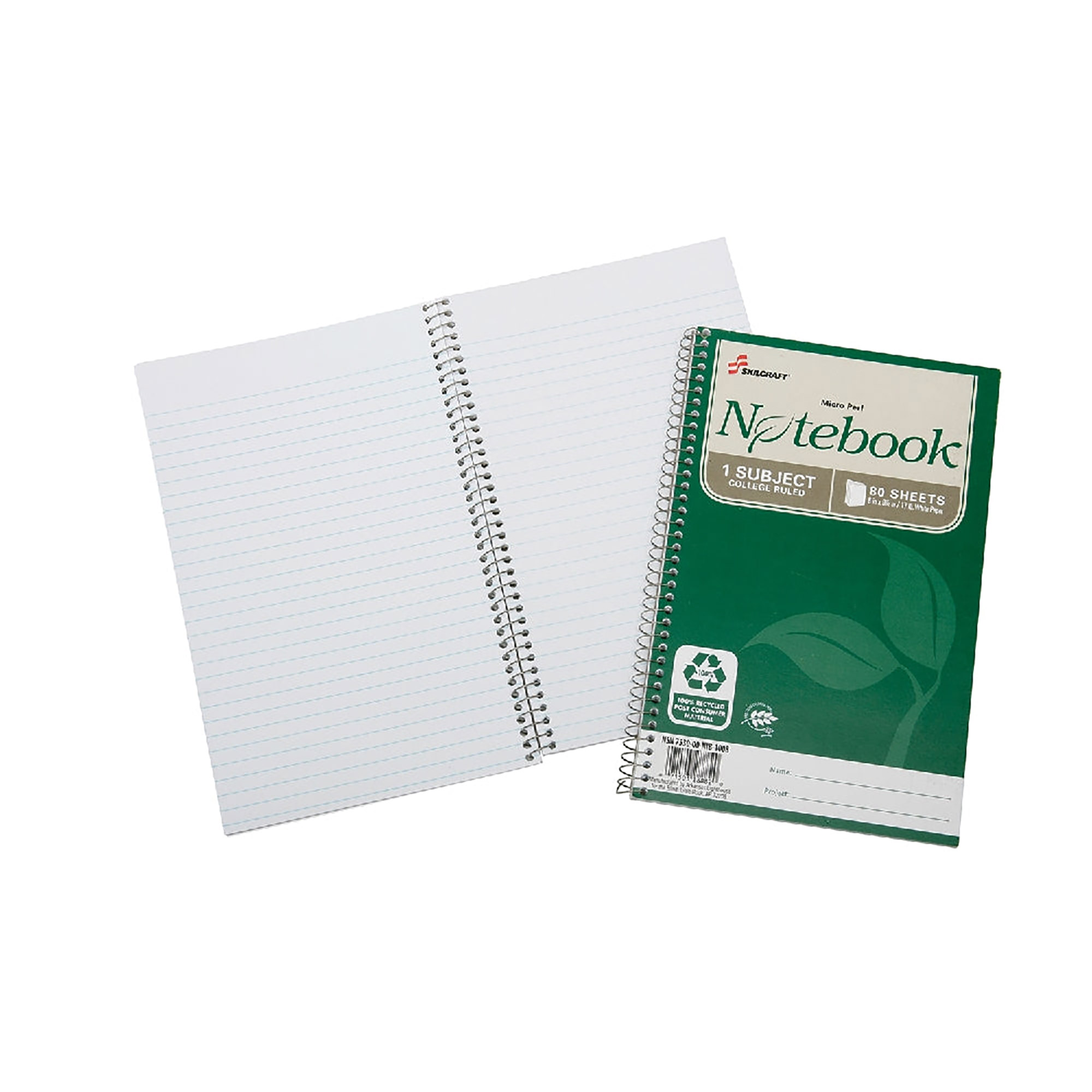 Notebook, Spiral Bound, 100% Pcw, 6 x 9-1/2", 80 Sheets, College Rule, White - 3/PK