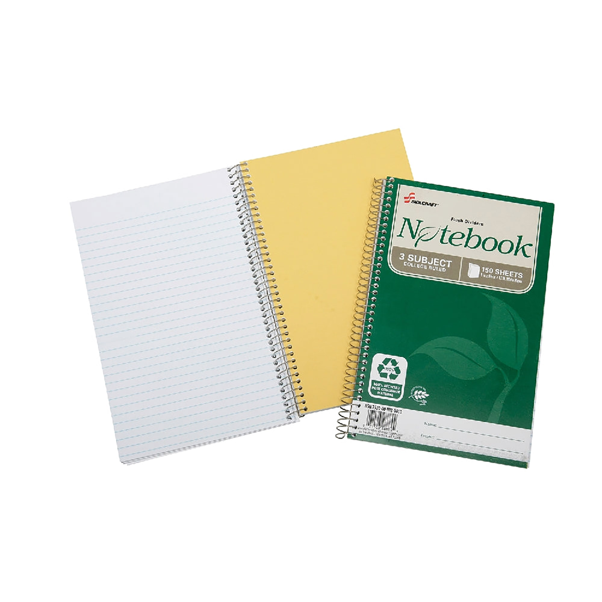 Notebook, Spiral Bound, 100% Pcw, 6 x 9-1/2", 150 Sheets, College Rule, White - 3/PK