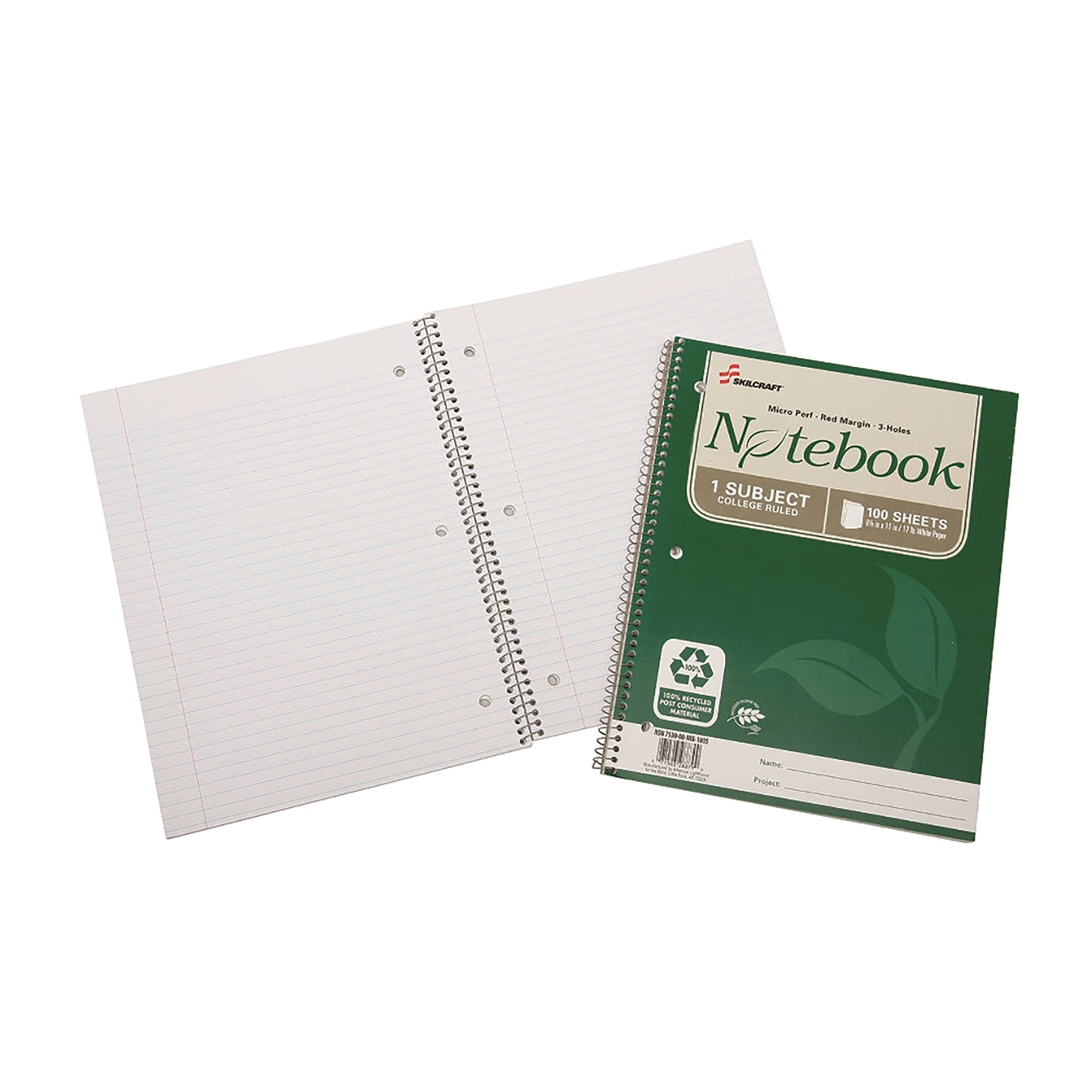 Notebook, Spiral Bound, 100% Pcw, 8-1/2 x 11", 100 Sheets, College Rule, White - 3/PK