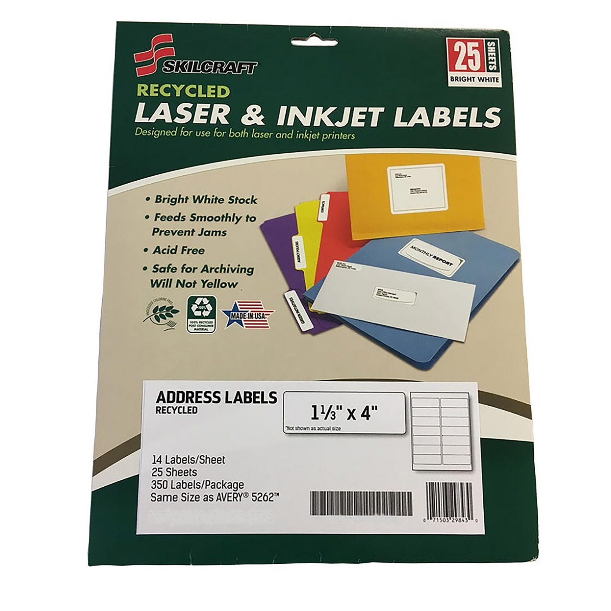 Labels, Address, Recycled, 1 1/3" x 4", White, 100 Sheets/PK
