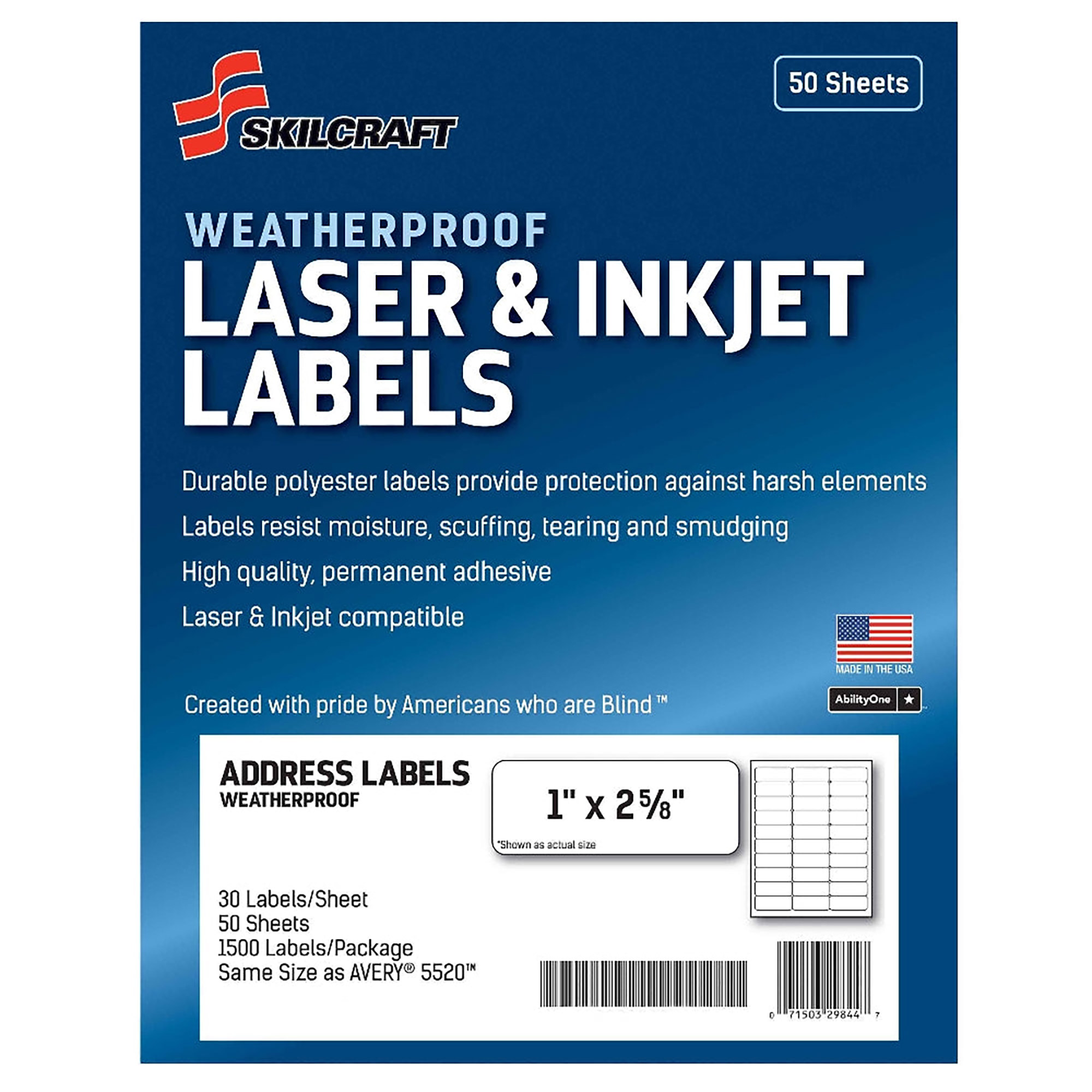 Labels, Mailing, Weatherproof, 1" x 2-5/8", White, 50 Sheets/PK